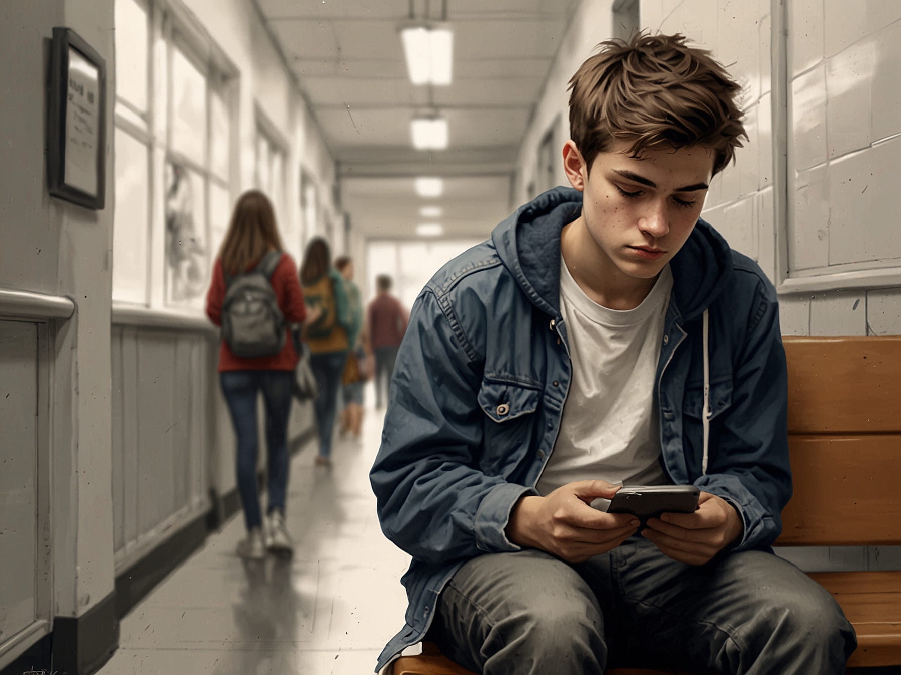 A teenager sitting alone in a crowded school hallway, scrolling through social media on their phone, looking pensive and overwhelmed by the pressures of adolescence.