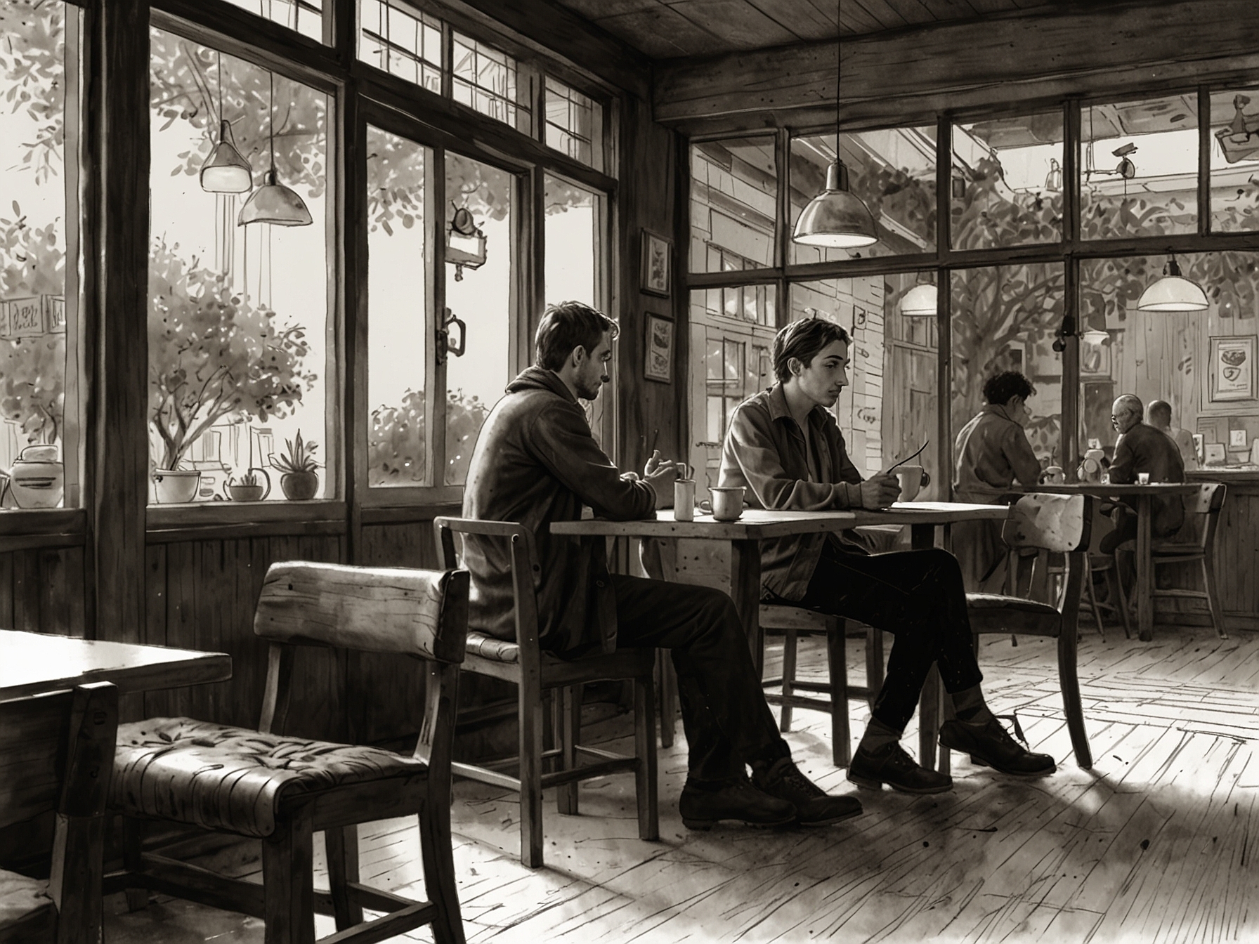 An adult and a teenager engaged in a heartfelt conversation at a cozy café, with both appearing earnest and attentive, embodying the importance of open dialogue and understanding.