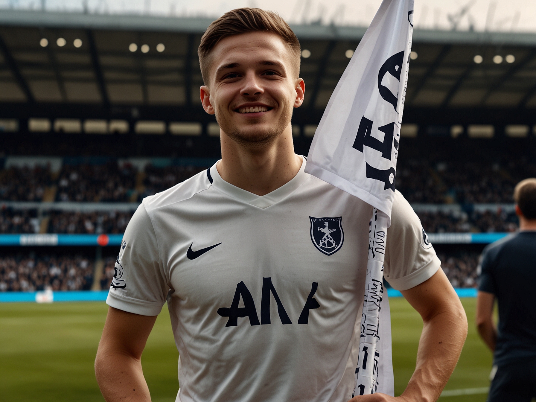 An emotional Tottenham supporter holding a banner for Mikey Moore, symbolizing the hope and excitement surrounding the young player's influence on the team.