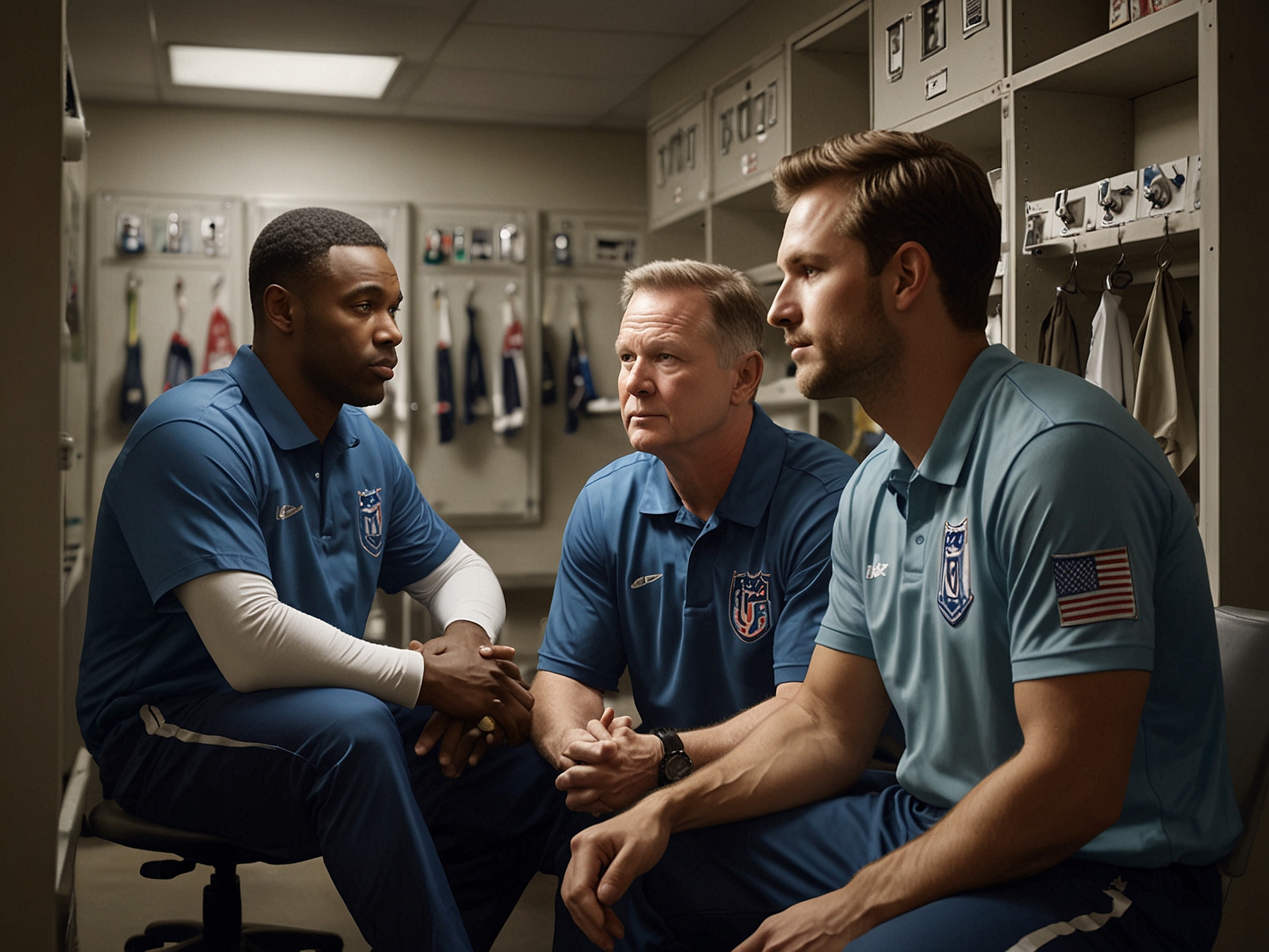 Moore engaged in an intense discussion with seasoned teammates in the dressing room, illustrating his ability to connect with and motivate those around him.