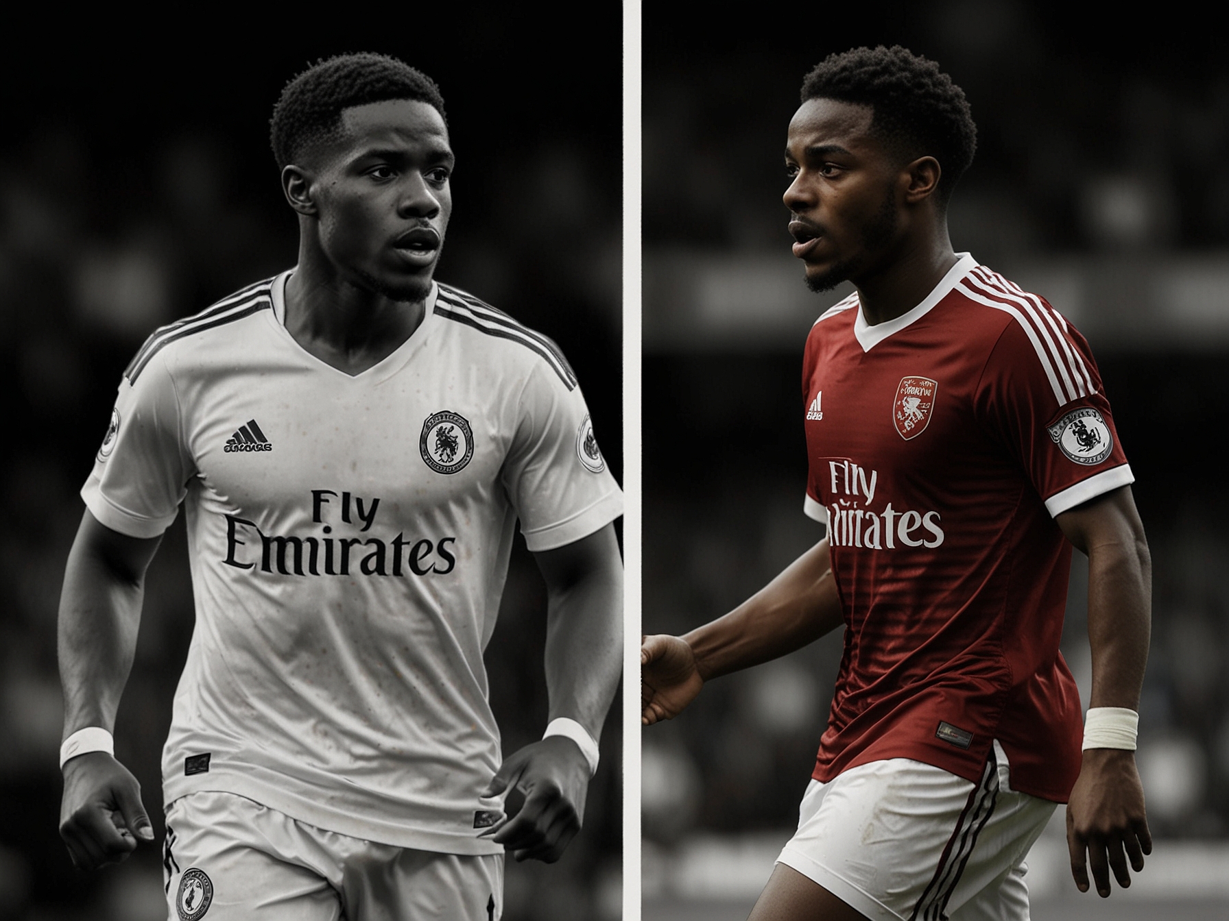 A split image comparing Mikey Moore to Ryan Sessegnon, highlighting their journeys and the impact of young talents on their respective teams.