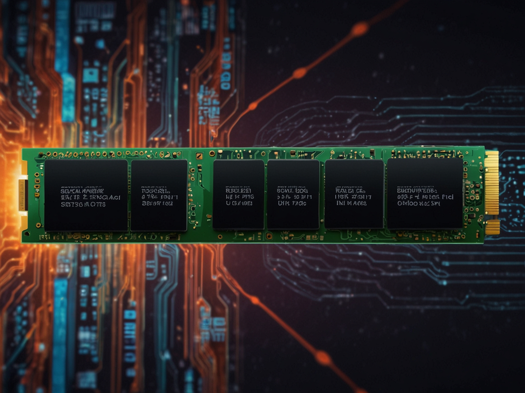 An infographic displaying the data transfer speeds of the PM9E1 compared to traditional SSDs, illustrating the revolutionary impact on AI development and research efficiency.