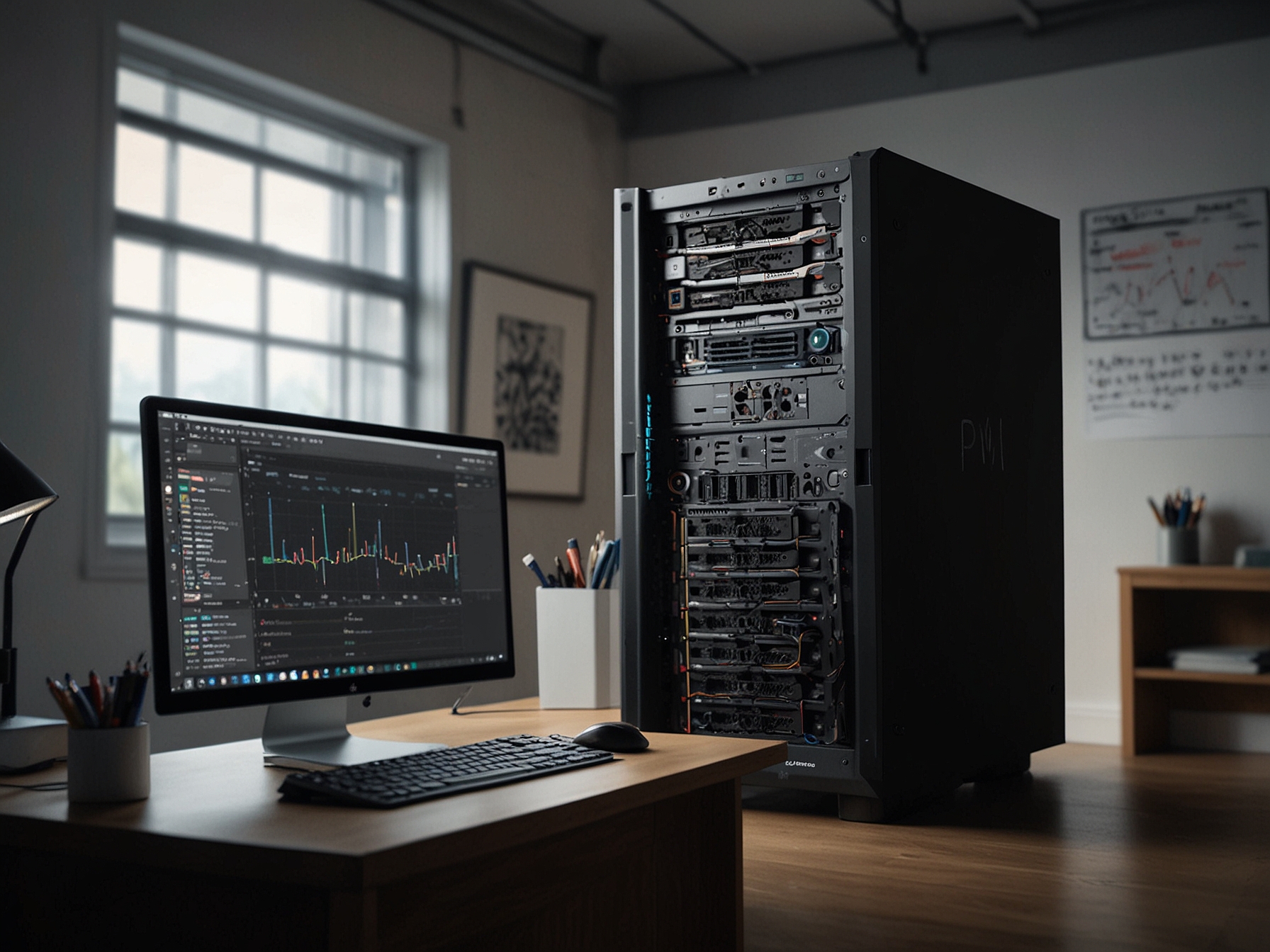 A side-by-side image of an AI developer's workstation, one with traditional SSDs and another equipped with the PM9E1, emphasizing the speed and efficiency differences in data processing.