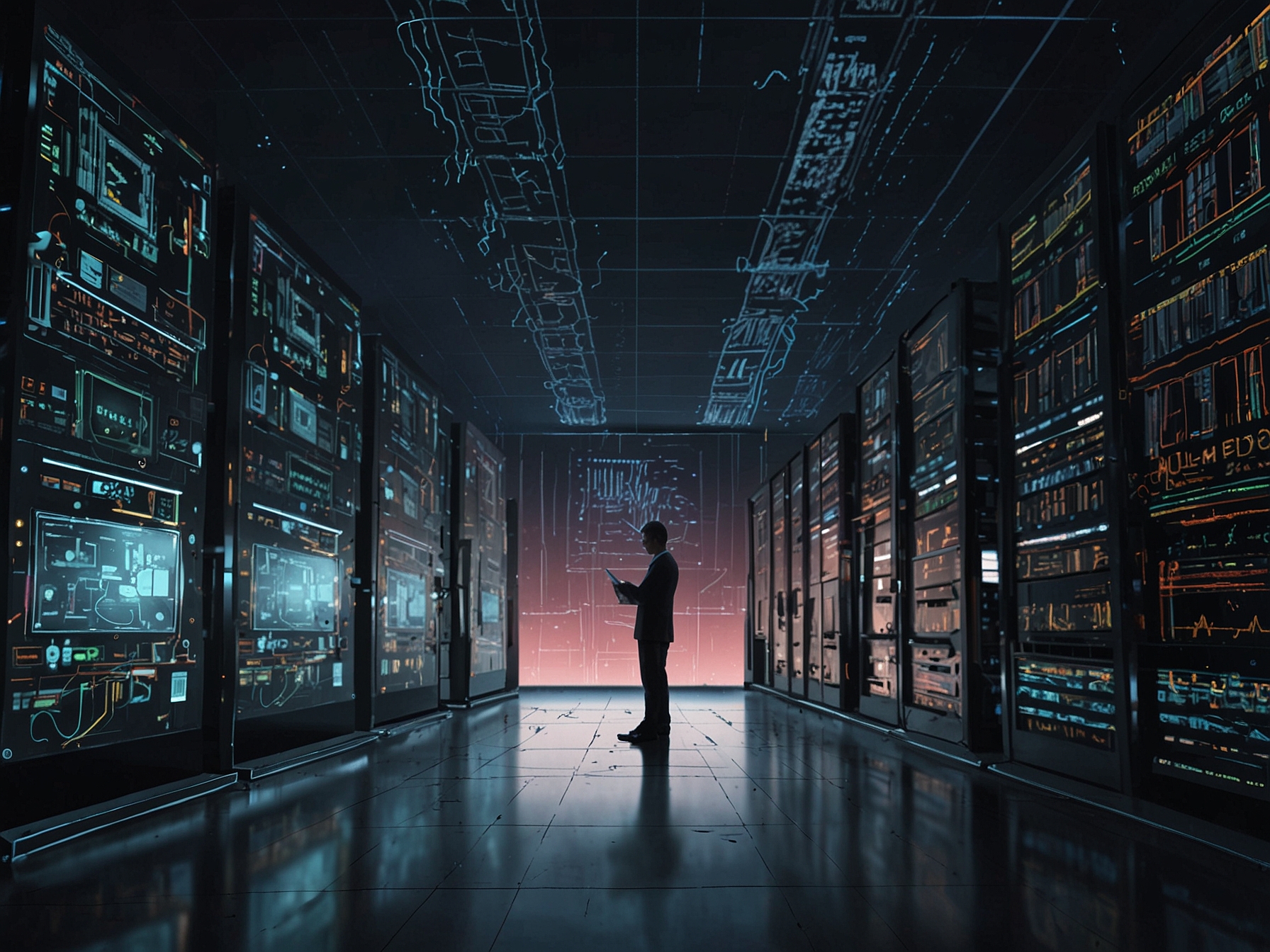 A visual representation of AI algorithms analyzing vast datasets in real-time, depicting how the PM9E1 SSD transforms research and development processes in various industries.