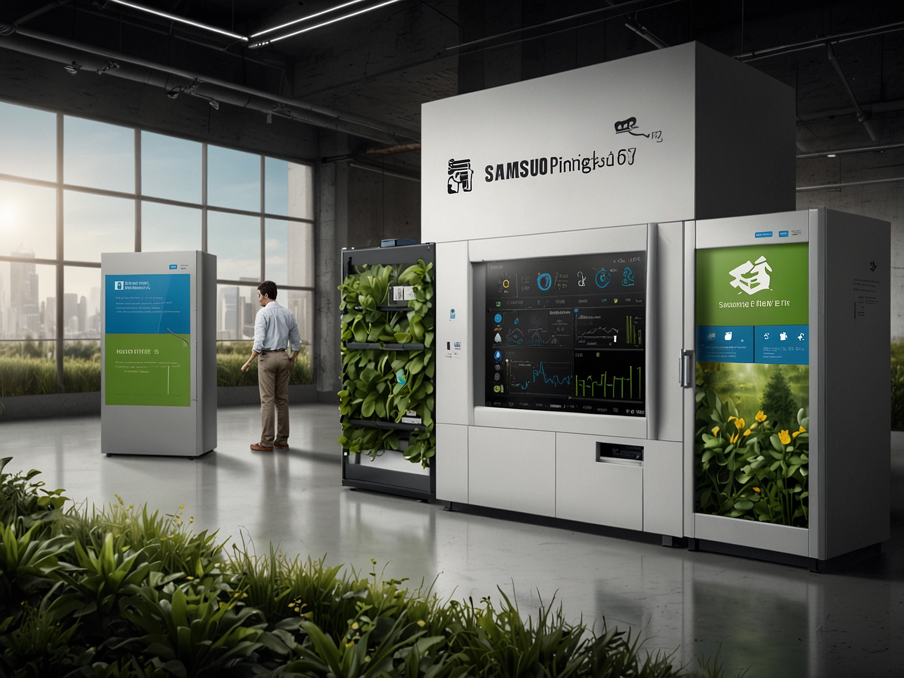 An illustration of a green technology initiative, showing the Samsung PM9E1 alongside symbols of sustainability, emphasizing the company's commitment to environmentally friendly tech advancements.