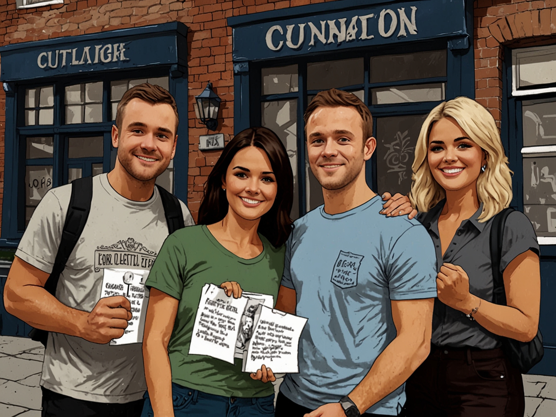 A group of supportive fans holding signs at a Coronation Street event, demonstrating their love for the show and their connection to the characters, including Rown Cunliffe.