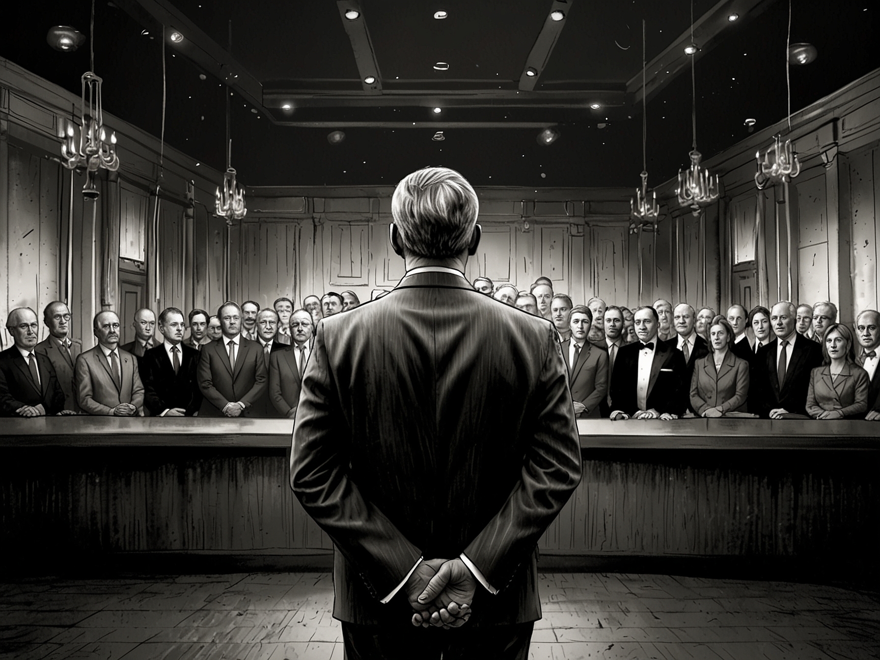 A local community leader stands at the fringes of a lavish celebratory event, looking contemplative and sidelined as politicians enjoy the limelight, symbolizing the disconnect.