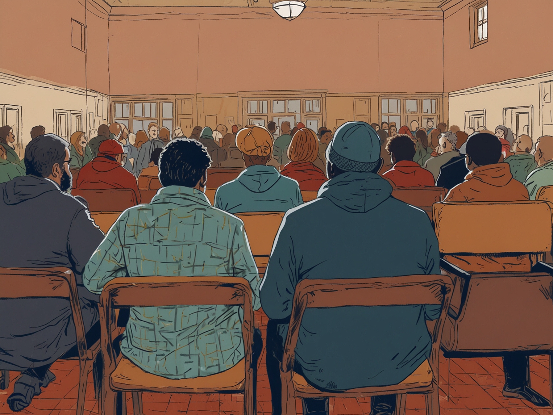 A vibrant community meeting in a local hall where citizens discuss pressing issues like homelessness, emphasizing the importance of including grassroots voices in political dialogue.