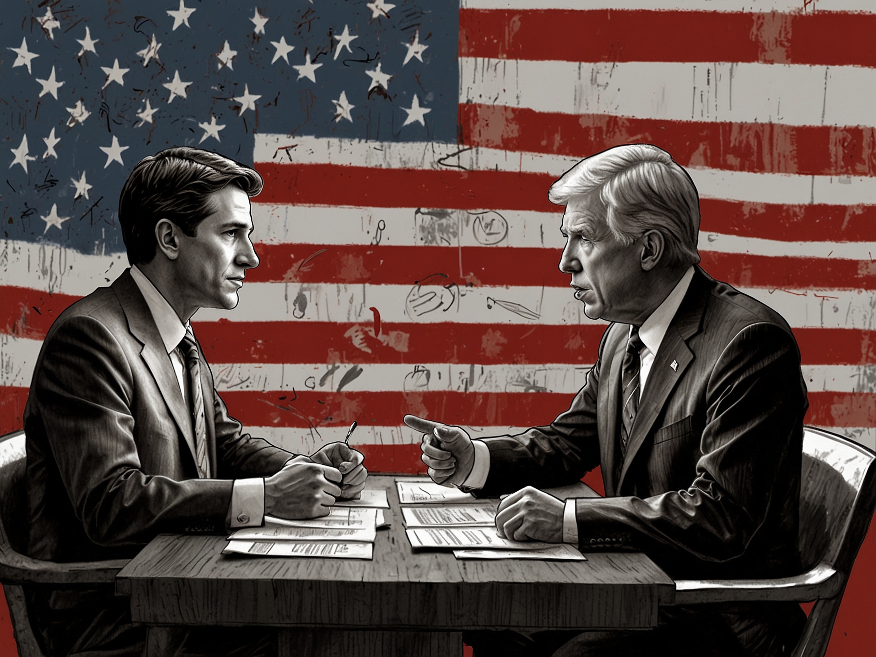 A divided political landscape in the U.S. with candidates debating, symbolizing the turbulence affecting trade discussions and social policies.