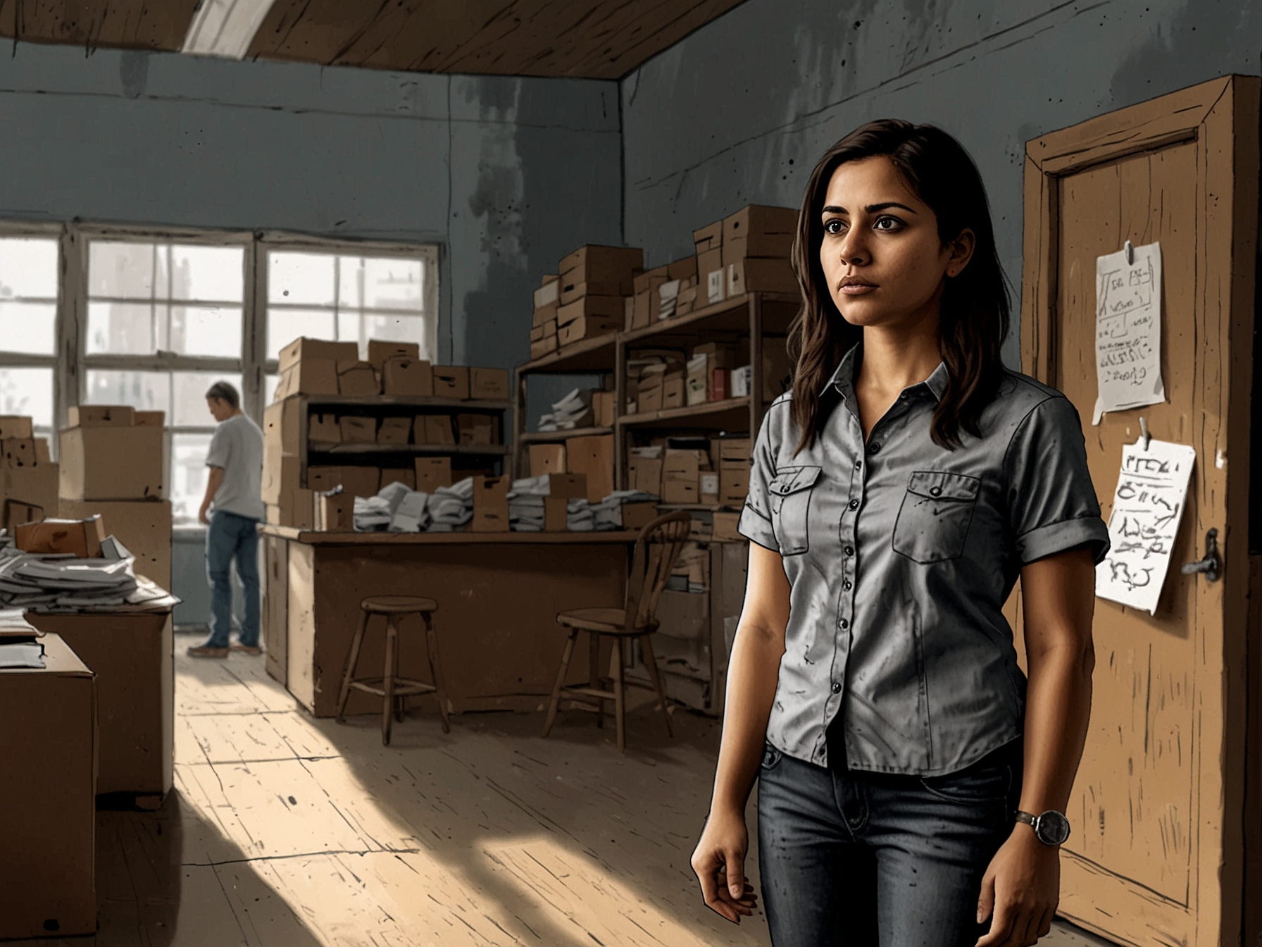 A small business owner, Anjali, standing distressed in her export store, representing the stakes of GSP discussions and the potential impact of tariffs.