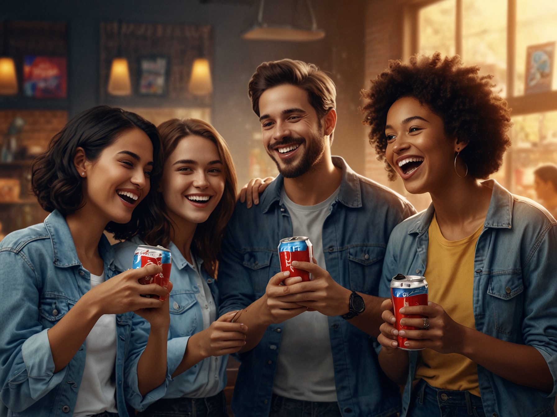 A group of friends enjoying Pepsi drinks together, excitedly sharing their reward points on a mobile app, highlighting the social aspect and enjoyment of the FC 25 rewards experience.