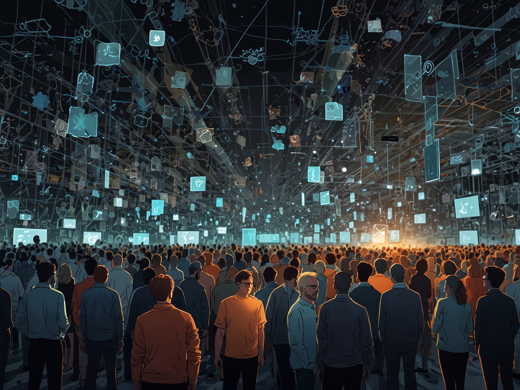 A crowded digital landscape filled with various tech companies and users, highlighting the urgent need for transparency and accountability in data practices as exemplified by Bytespider's launch.