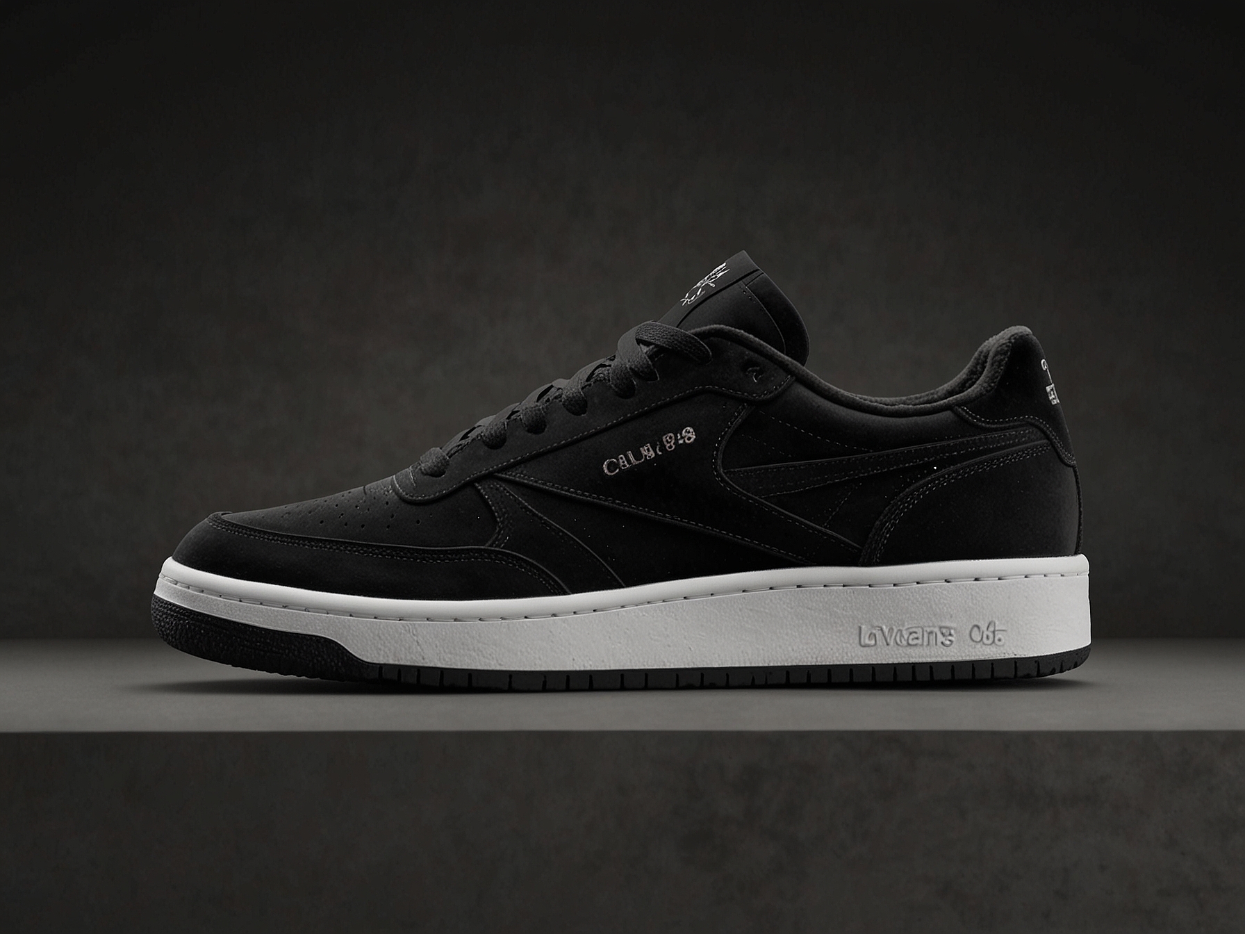 Showcasing the elegant black Club C 85 Vintage, featuring luxurious velvet-like nubuck leather and a contrasting white sole, embodying minimalist sophistication.