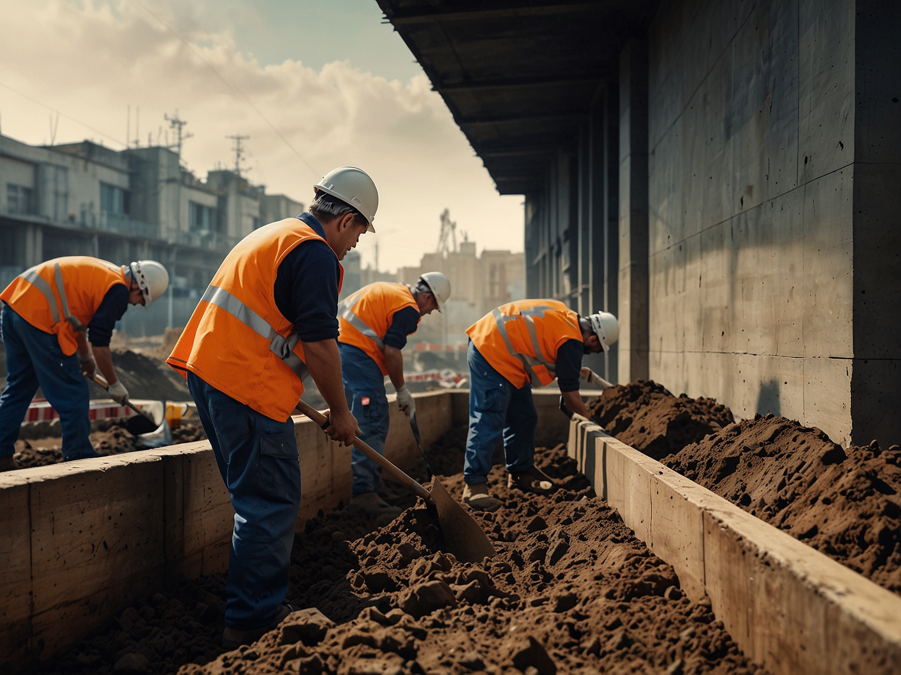 Construction workers digging trenches to install new drainage systems as part of AMC's initiative, highlighting the proactive measures being taken to improve infrastructure.