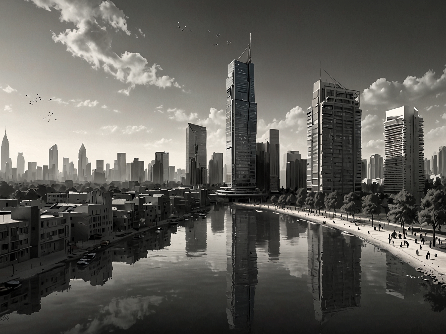 A serene city landscape without waterlogging, showcasing the potential future improvement and resilience that the AMC's project aims to achieve for its residents.