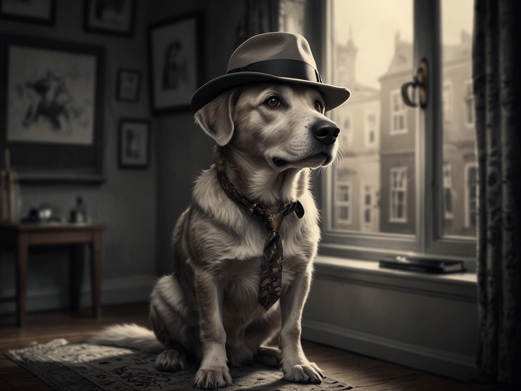 A charming crime-solving dog, wearing a detective hat, investigating a playful scene, highlighting the whimsical nature of the sitcom that captivates audiences.