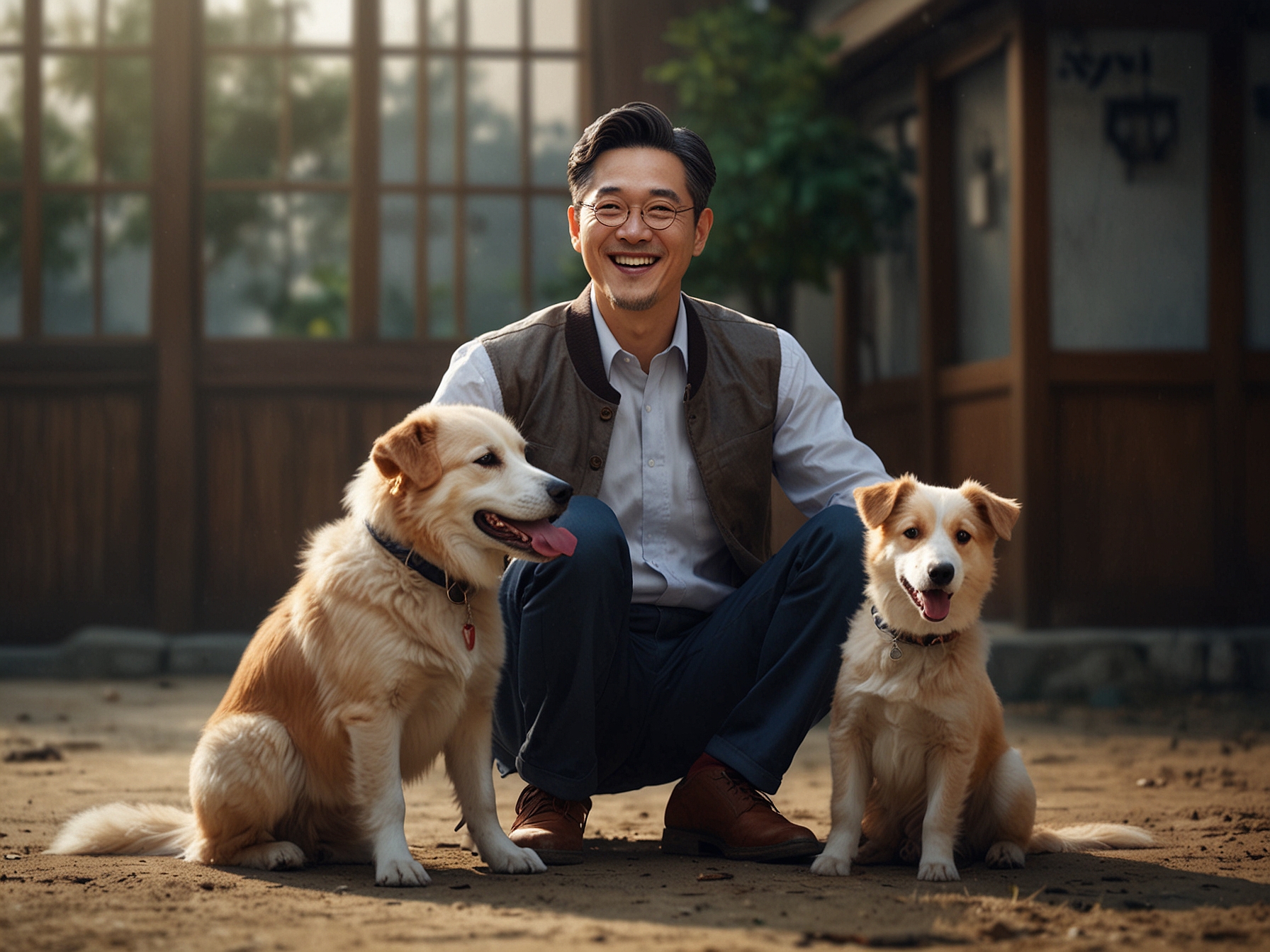 Lee Soon Jae in character, sharing a light-hearted moment with the dog, portraying the delightful duo that enchants viewers and adds layers to the narrative.