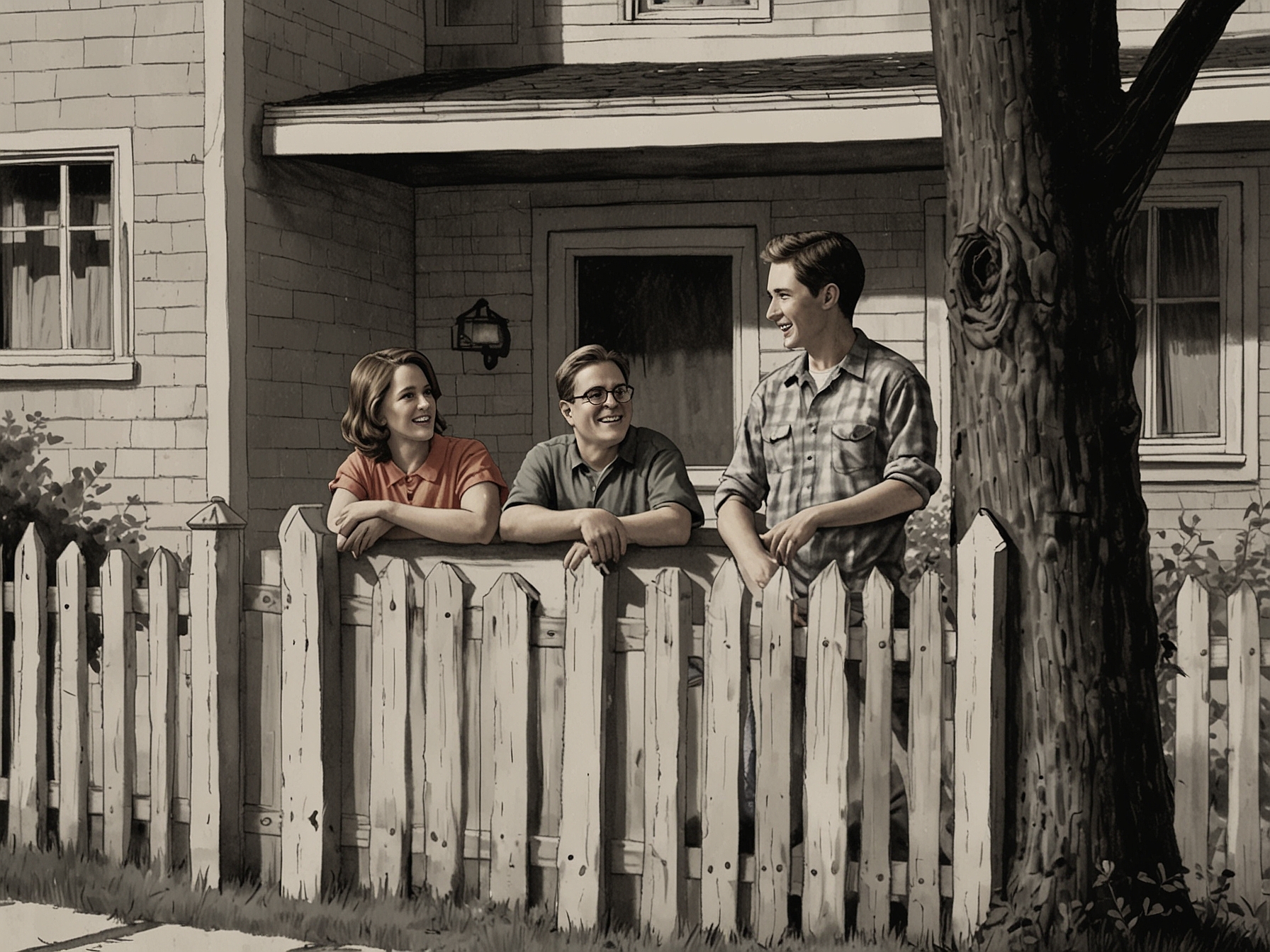 A heartwarming scene of a neighbor peeking through the fence at the main characters, symbolizing the relatable community dynamics that enrich the sitcom's storytelling.