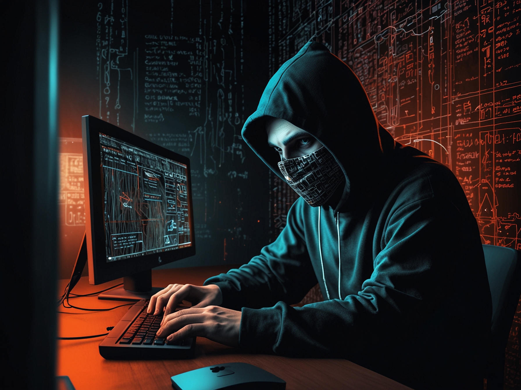 An illustration depicting a hacker attempting to exploit a Zimbra mail server vulnerability, with digital codes cascading in the background highlighting the cyber threat.