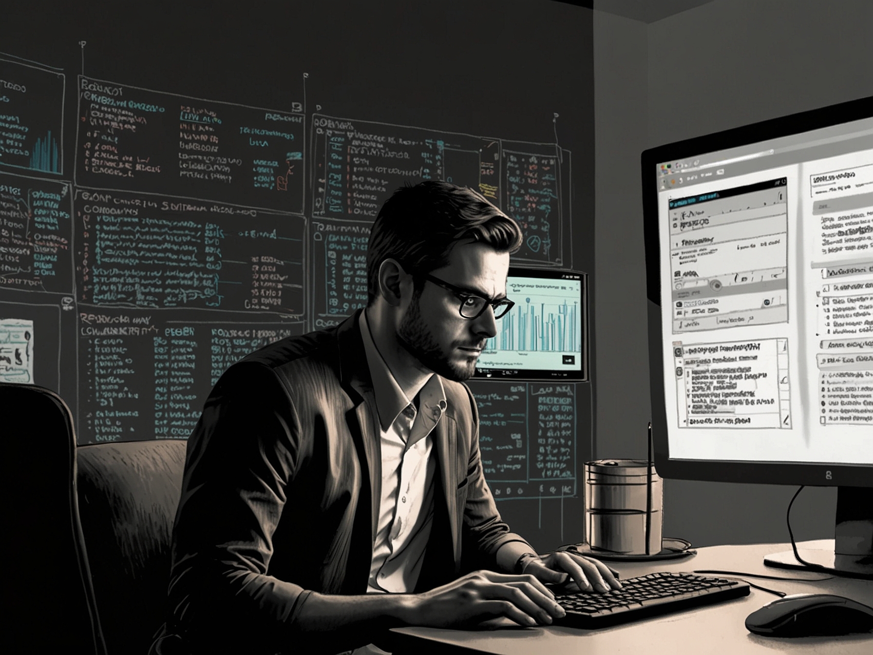 A concerned IT professional analyzing Zimbra security protocols on a computer screen, surrounded by email notifications that emphasize the need for vigilance in cybersecurity.