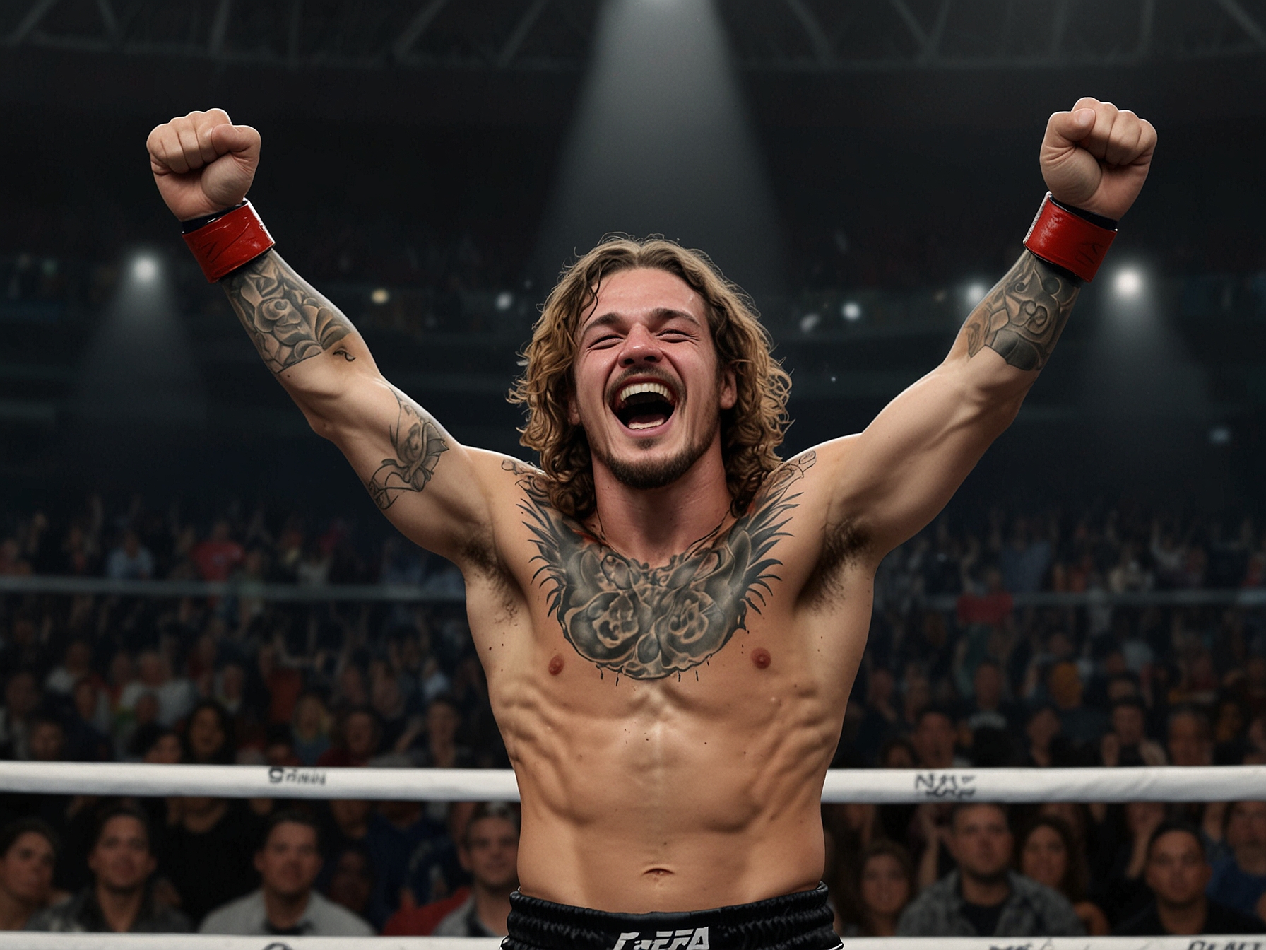 Sean O'Malley celebrating a victory, representing the new wave of MMA fighters with his unique style and charisma, poised for a potential matchup with the legend Jose Aldo.