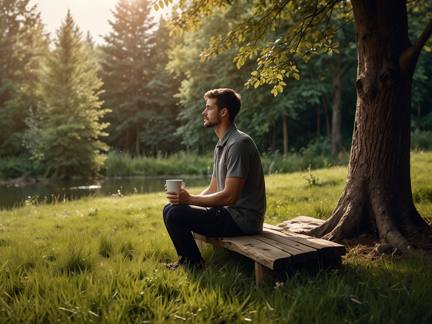 A serene person practicing mindfulness in nature, absorbing the surroundings with a cup of coffee, symbolizing emotional awareness and grounding techniques.
