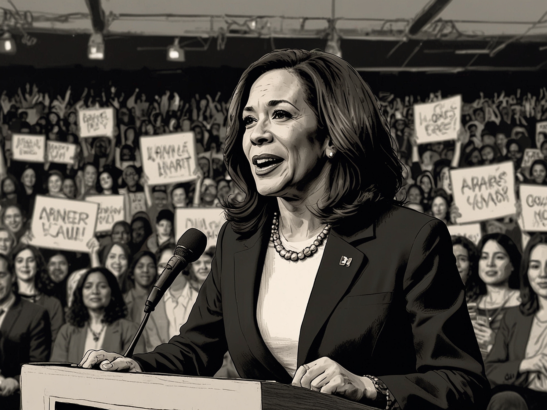 Kamala Harris delivers a speech at a campaign rally, energizing her supporters, with Ben Horowitz visibly present, showing his newfound alliance in the crowd.