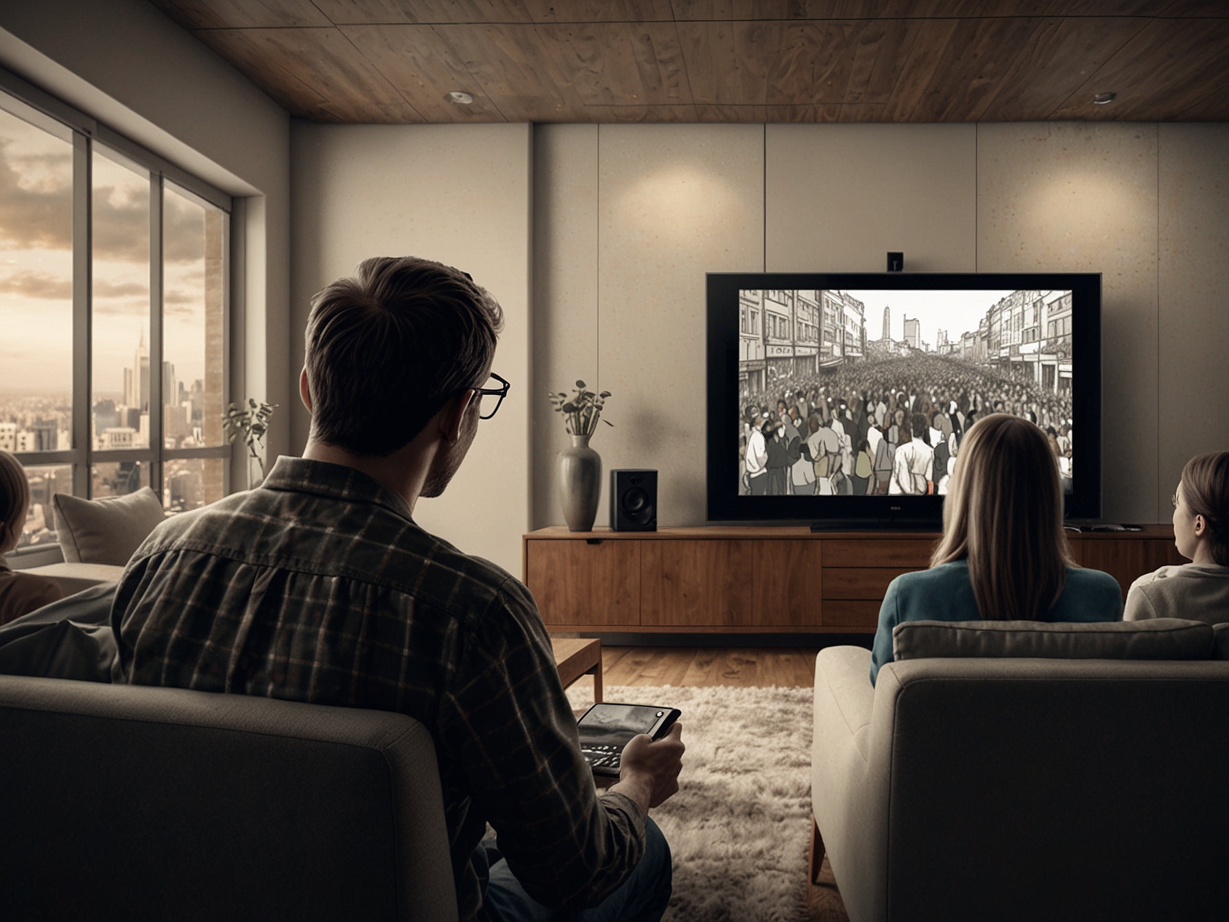 A split-screen image depicting traditional TV viewing on one side and a person streaming a movie on their device on the other, emphasizing the shift in audience preferences and behaviors.