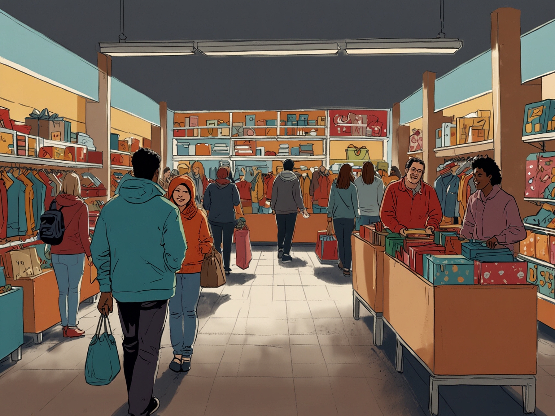 A diverse group of shoppers browsing colorful aisles filled with early holiday sales, showcasing a mix of products from toys to decor in an inviting retail environment.