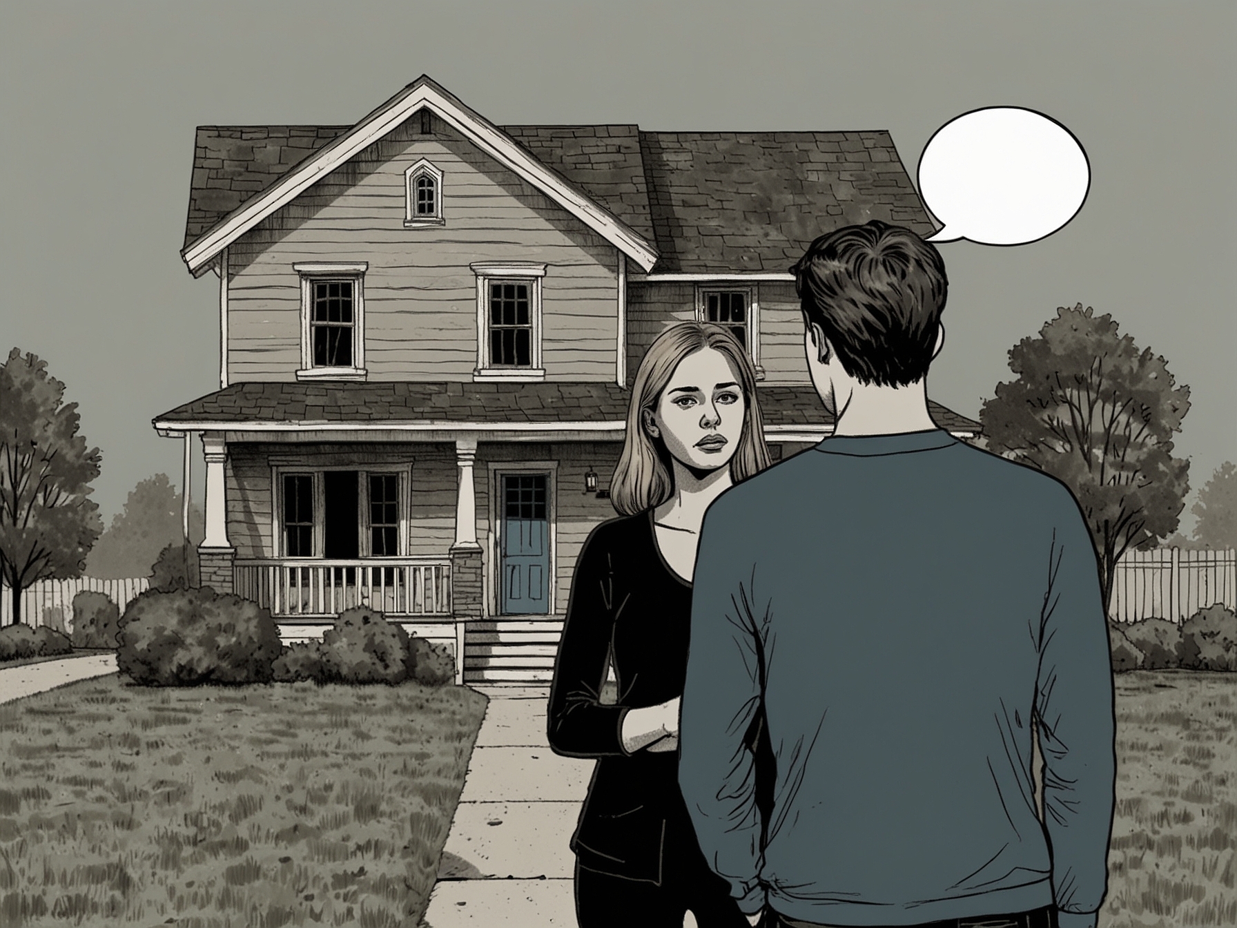 An illustration showing a worried young couple in front of a home, with a thought bubble depicting a low credit score hanging over their heads, symbolizing the anxiety of mortgage rejection.