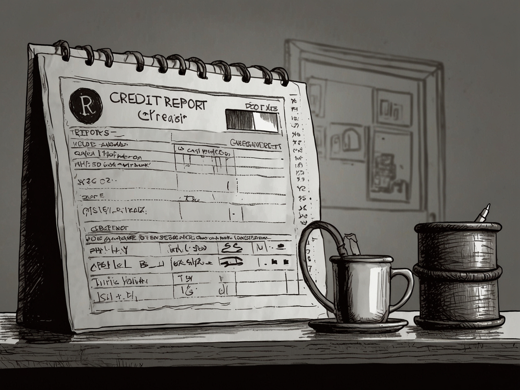 A visual representation of a credit report being examined by an individual, highlighting errors and missed payments, emphasizing the importance of regularly checking one's credit health.