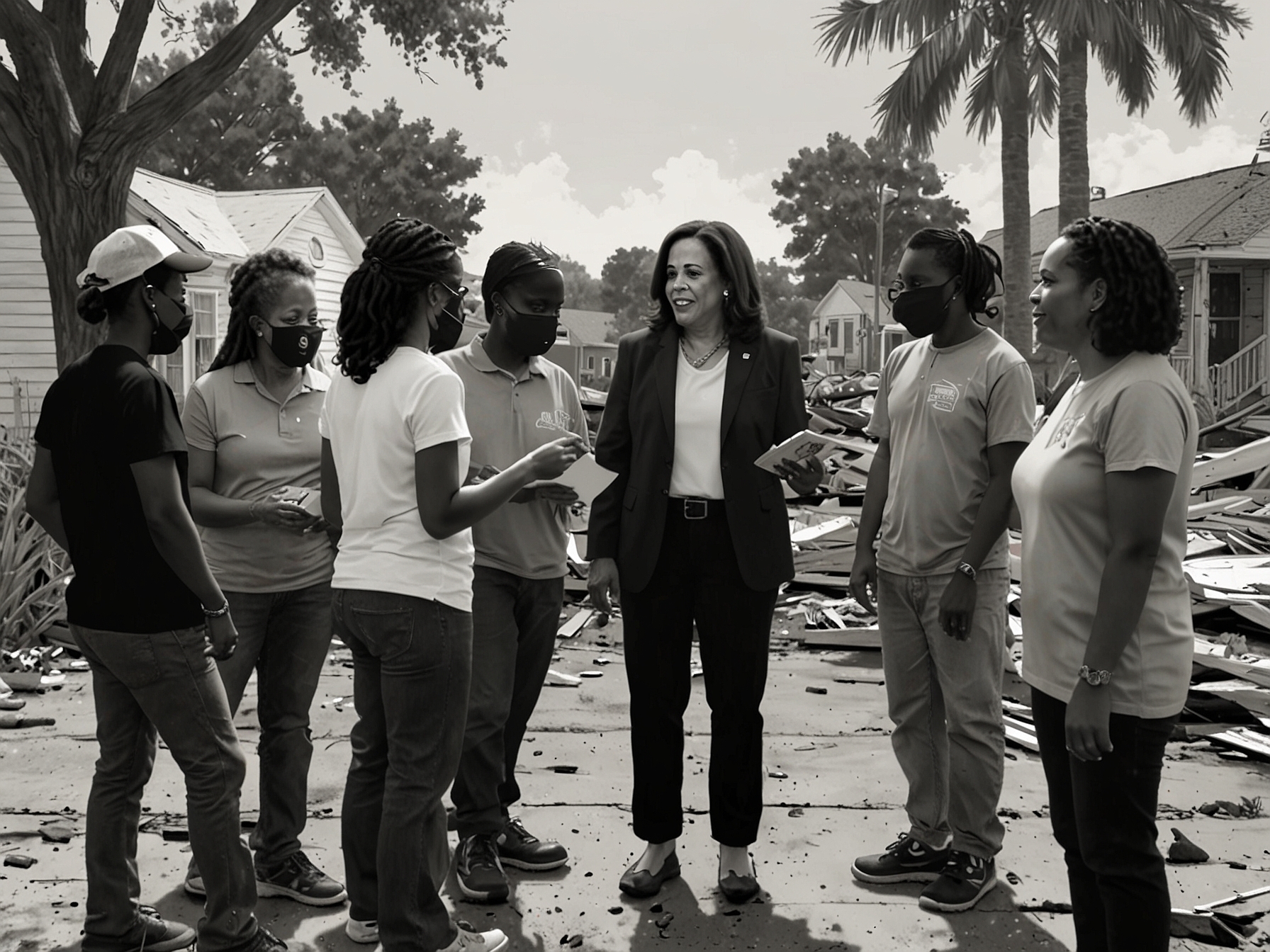 Kamala Harris interacting with Hurricane Helene's victims in North Carolina, showcasing her empathetic leadership and commitment to rebuilding efforts in devastated communities.