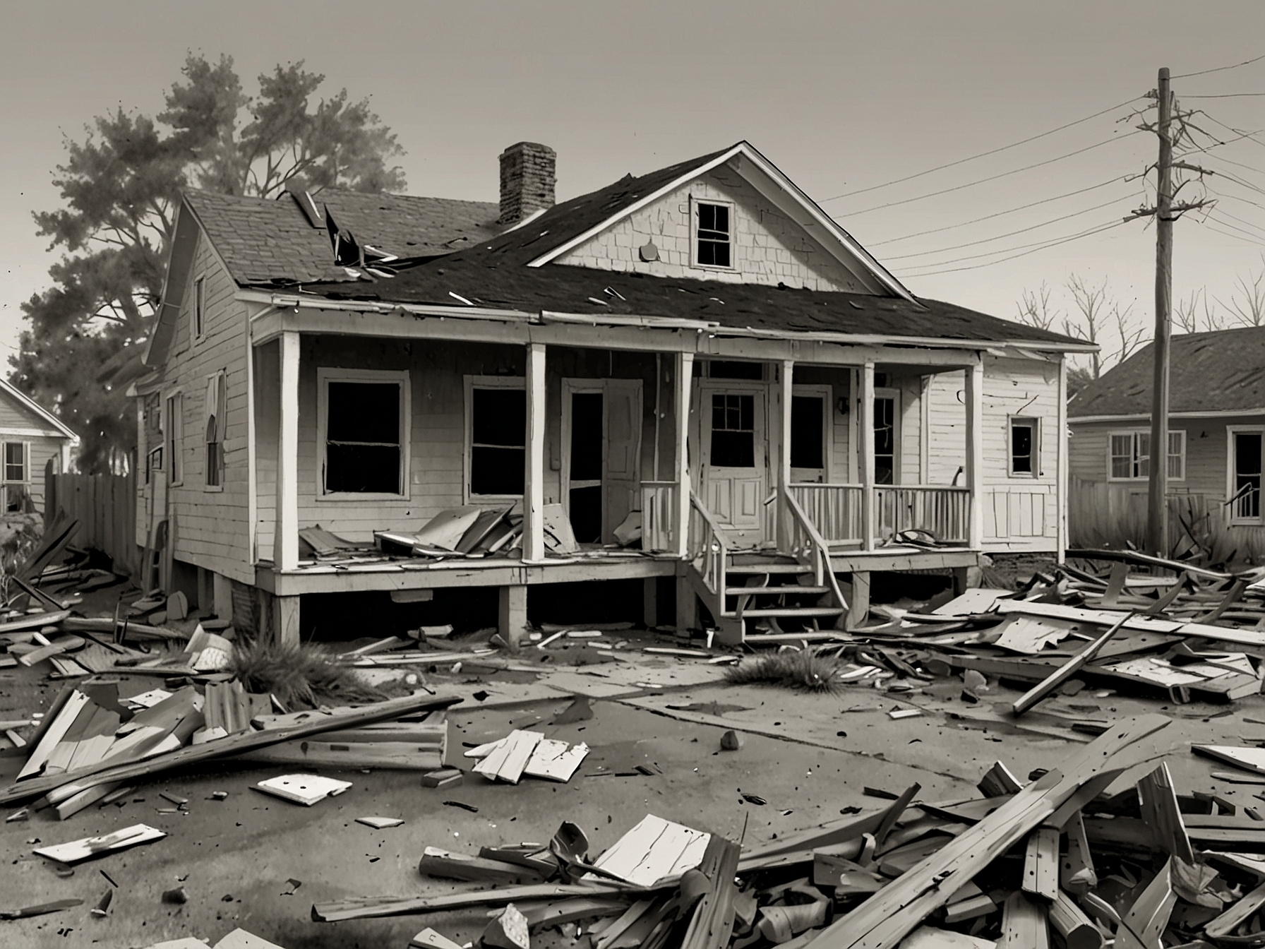 A view of damaged houses and scattered debris in North Carolina post-Hurricane Helene, highlighting the severe impact of the storm on local families and the urgent need for federal support.