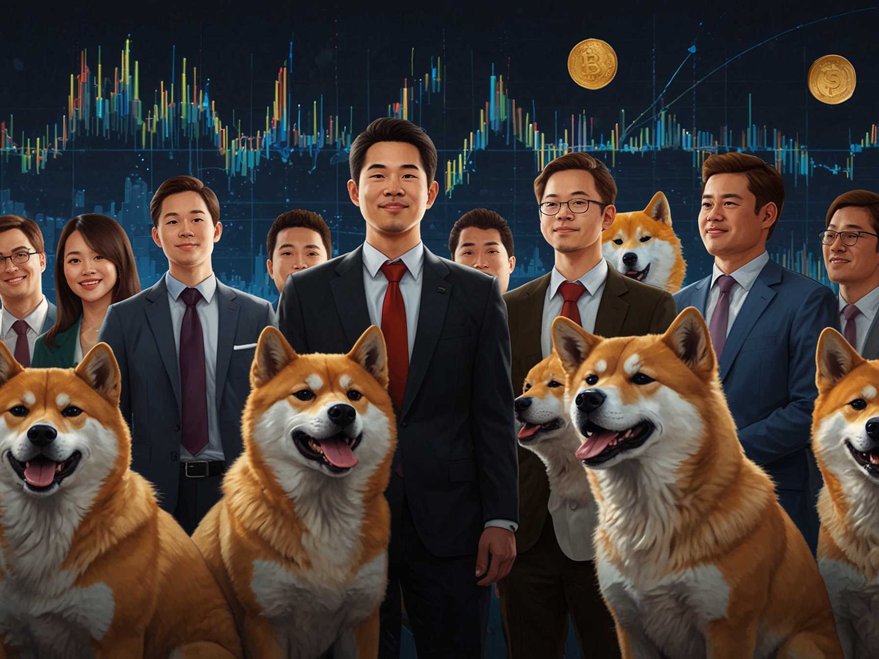 An illustration of a diverse group of Shiba Inu investors, reflecting mixed emotions of excitement and skepticism as they navigate the unpredictable cryptocurrency landscape.
