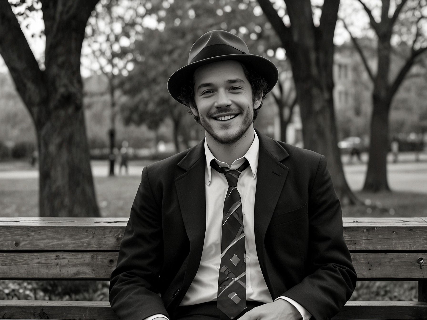 Adam Brody, dressed in a stylish rabbi outfit, shares a lighthearted moment with co-stars on a park bench, radiating charisma and warmth that invites conversation about faith.