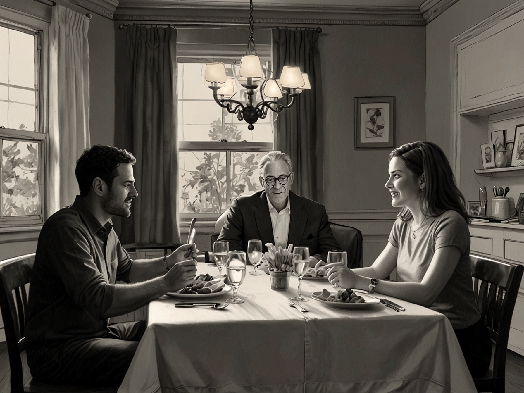 A scene from 'Nobody Wants This' showcasing a vibrant dinner setting, illustrating characters engaged in deep discussions, blending love, faith, and interpersonal humor.