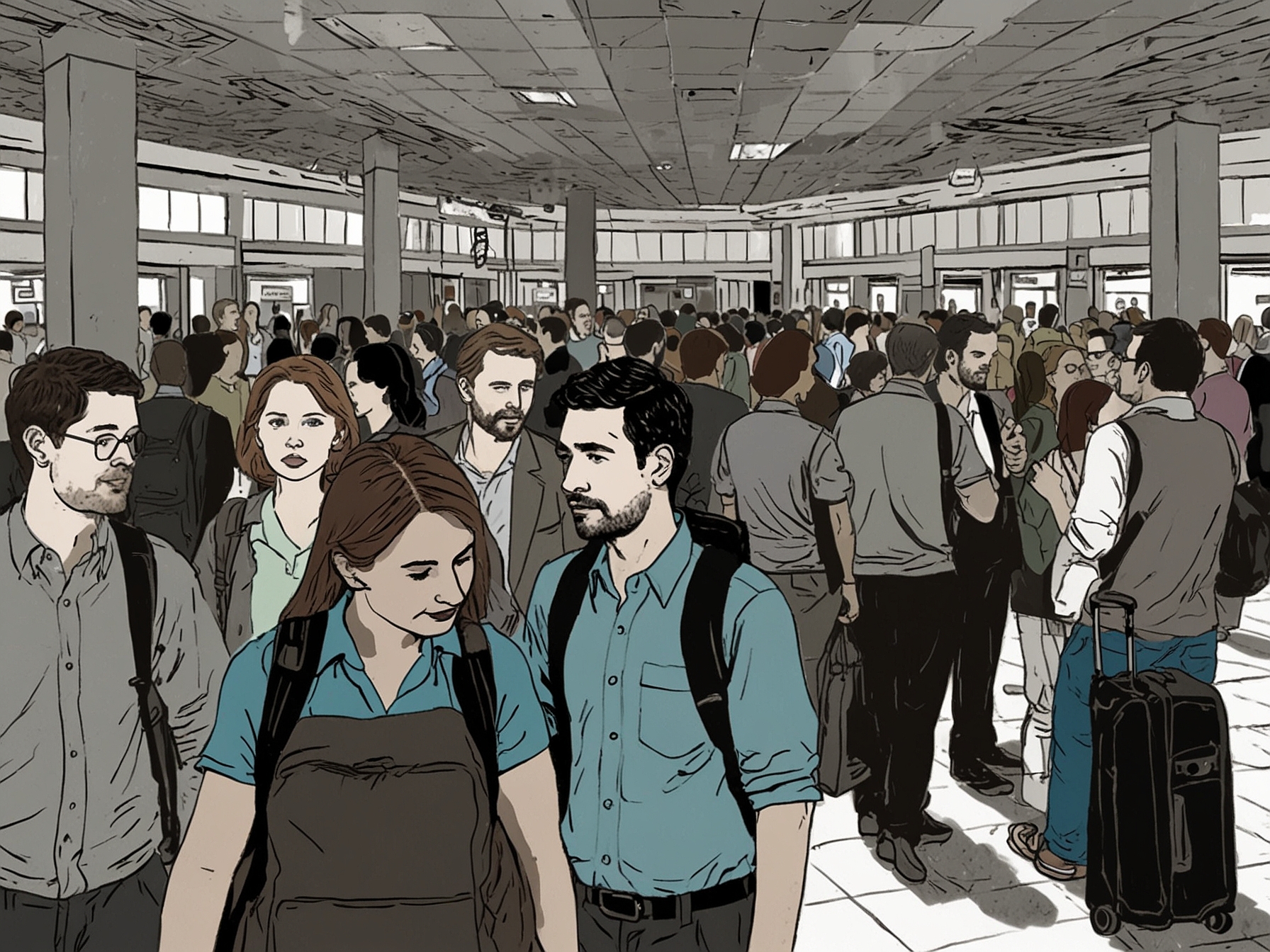 A crowded airport terminal with travelers checking in, some appearing surprised and confused at the announcement of the ban on pagers and walkie-talkies, showcasing the mixed emotions surrounding the new policy.