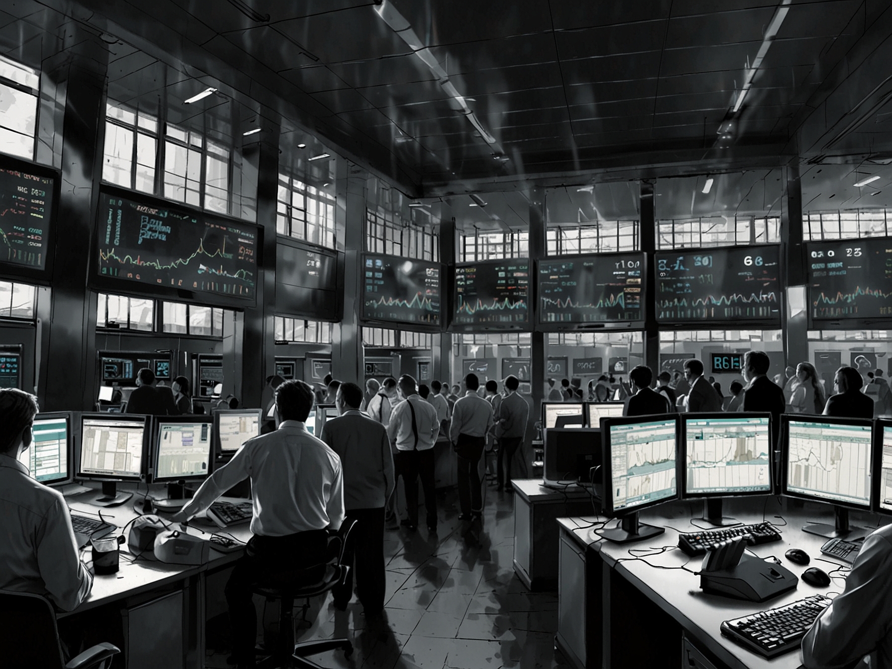 A dynamic scene depicting the busy environment of a stock market trading floor, symbolizing the volatility and rapid shifts in wealth among tech billionaires.