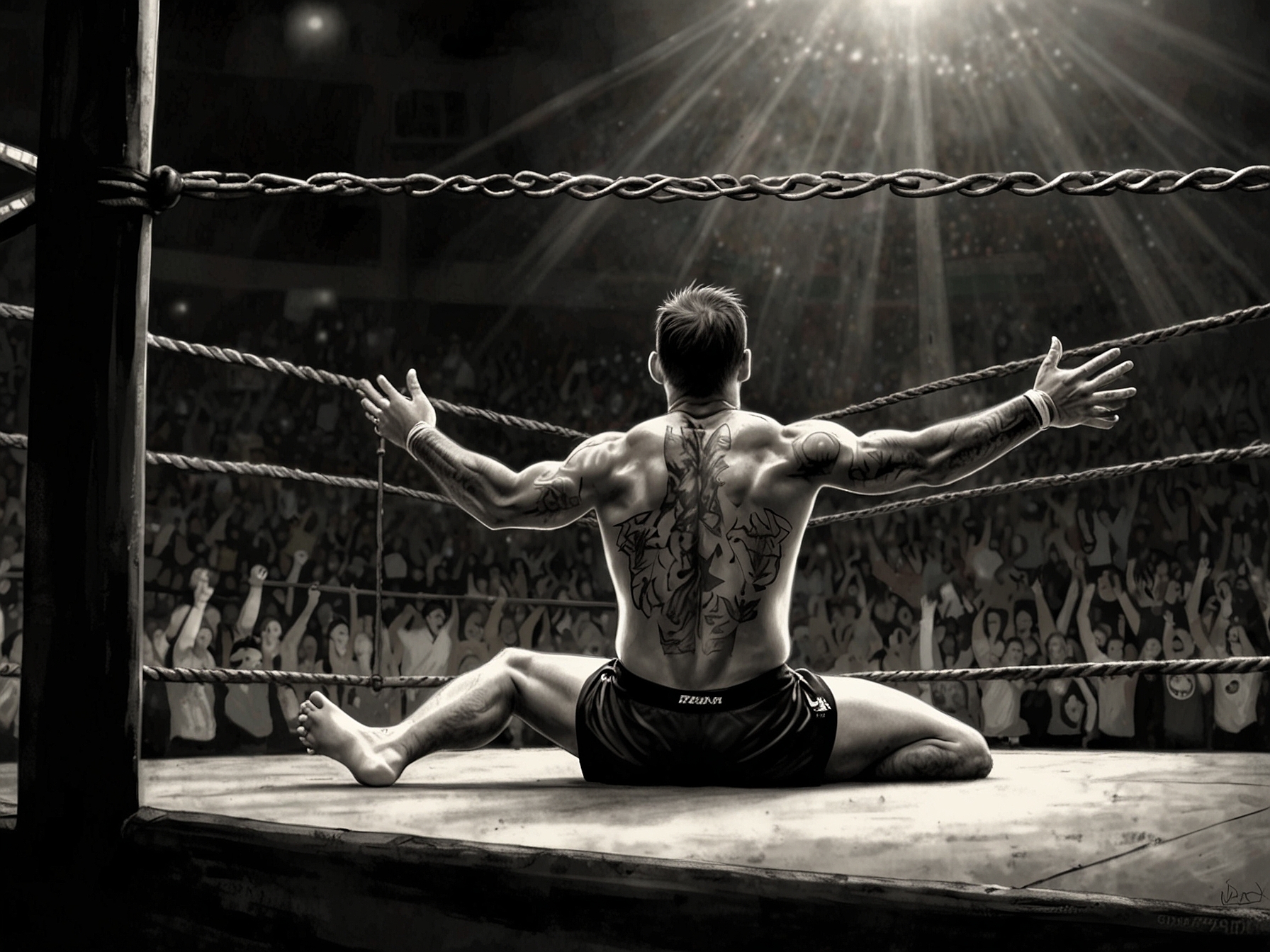 CM Punk stands triumphantly in the center of the Hell in a Cell, raising his arms to celebrate victory as the electrified crowd erupts around him, embodying the thrill of wrestling history.