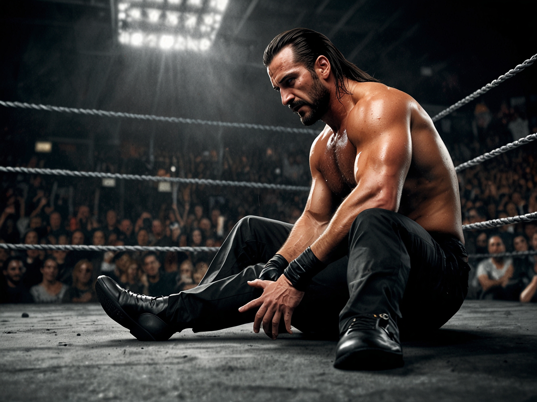 Drew McIntyre, battered yet resolute, lies on the mat within the steel confines of the Hell in a Cell, showcasing the intensity and physicality of the match against CM Punk.