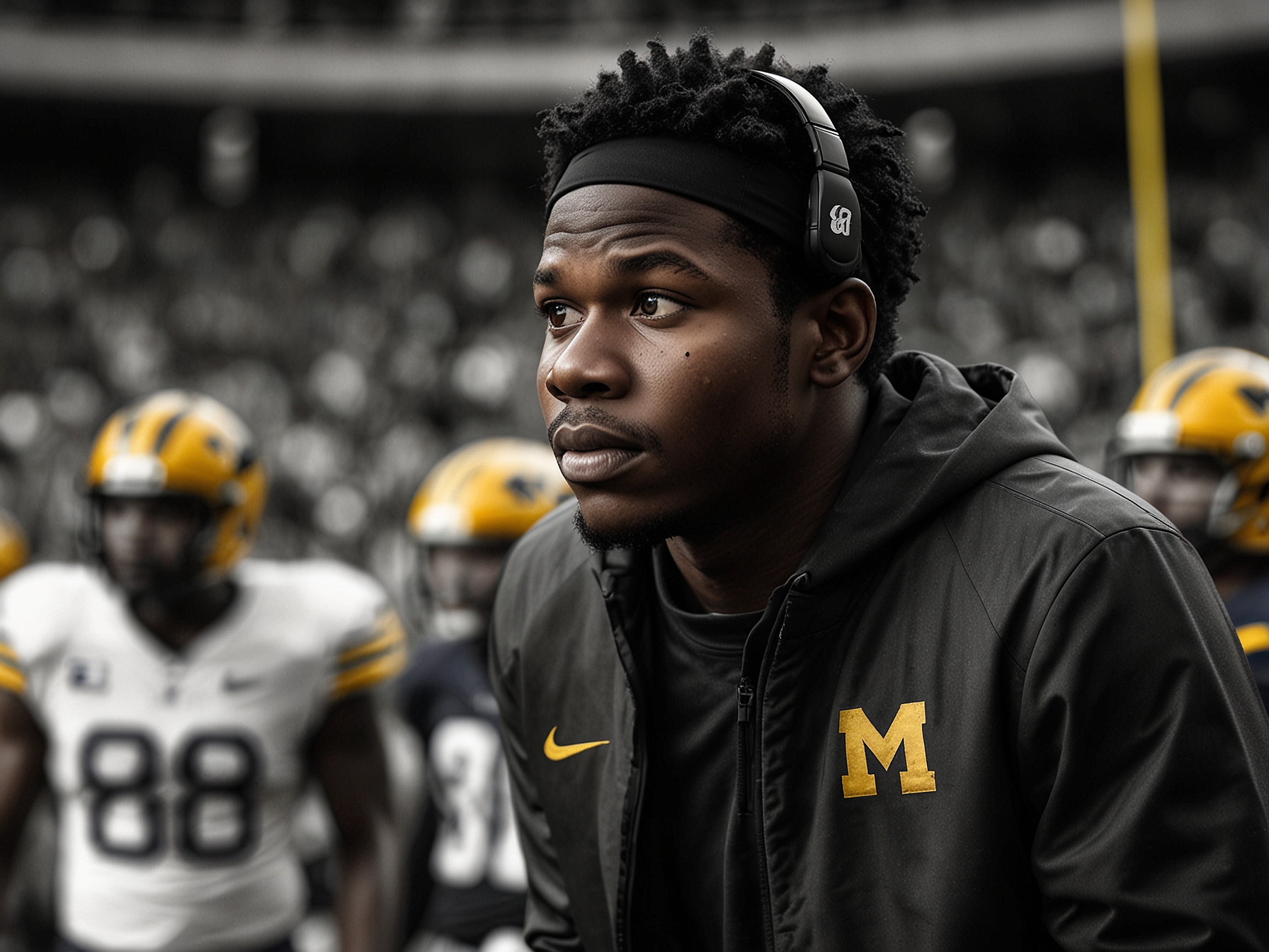 Sherrone Moore on the sidelines during the game, visibly frustrated as Michigan struggles against Washington, highlighting the intensity of coaching decisions in crucial moments.