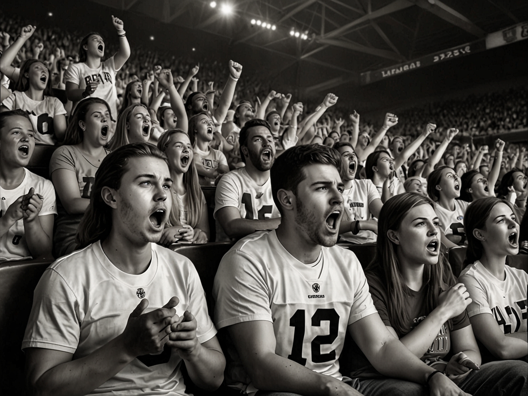 Fans in the stands react passionately, some holding signs expressing their disappointment, encapsulating the emotional investment of supporters in college football.