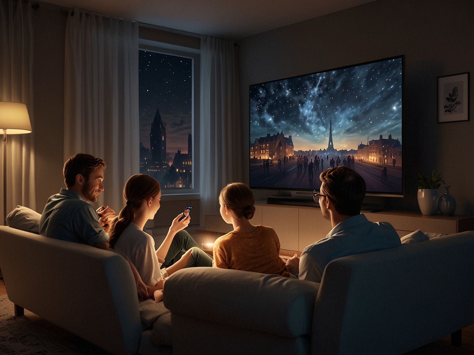 A joyful family gathered under soft lights watching a movie on the LG B4 OLED TV, illustrating the emotional connection and shared experiences that enhance their entertainment moments.