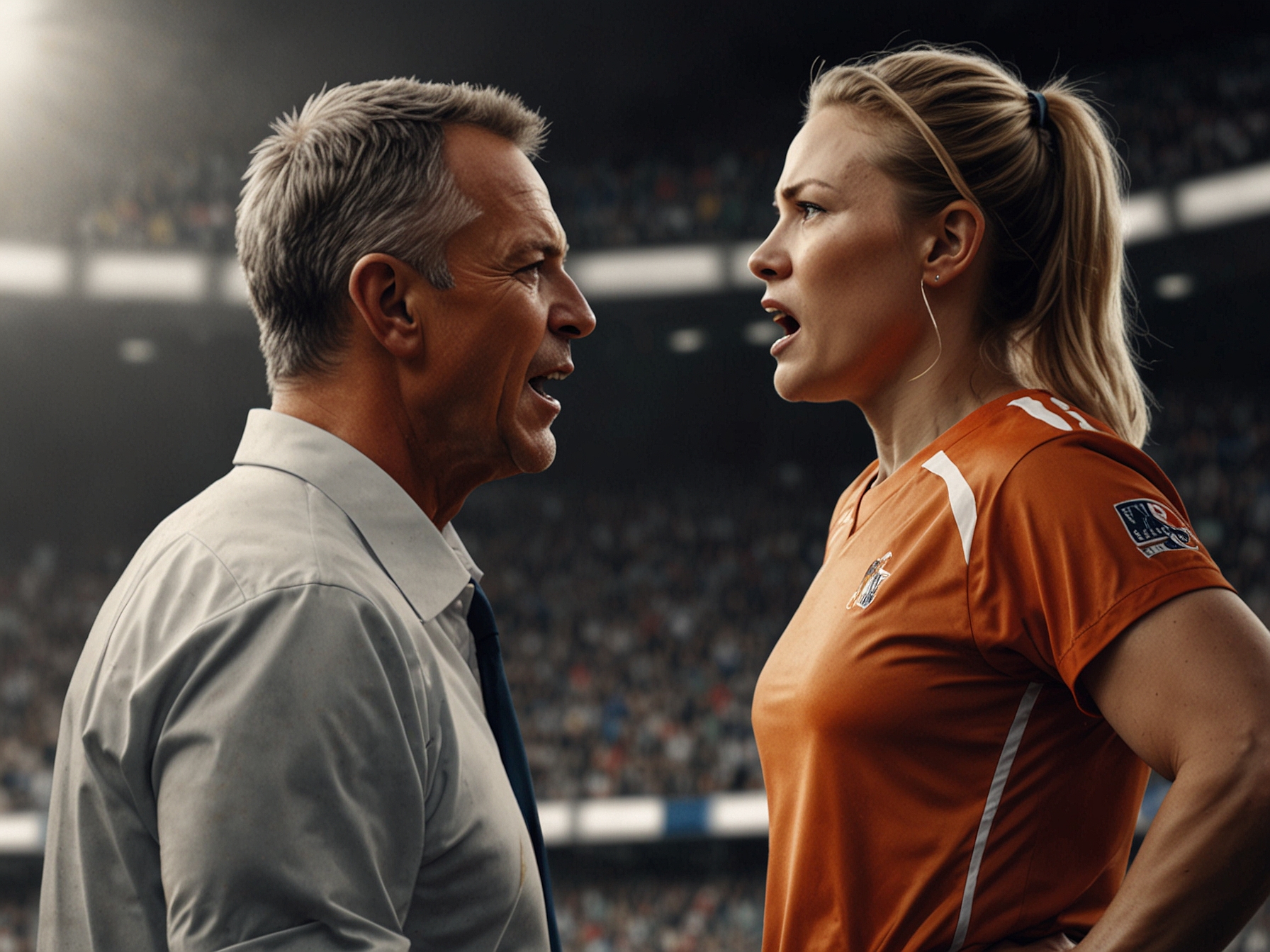 The two coaches exchanging intense words during a heated moment on the sidelines, capturing the personal stakes and drama that define the Sun-Lynx feud.
