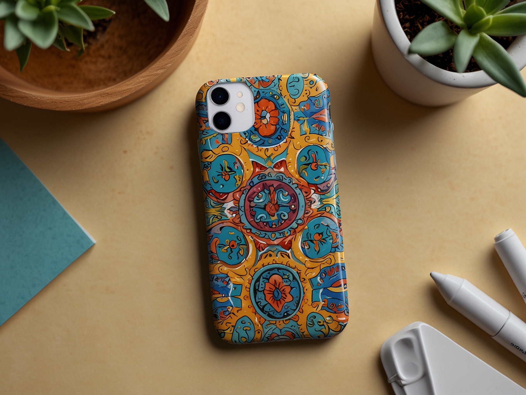 An eye-catching iPhone 15 case featuring a vibrant and whimsical design inspired by Snoop Dogg and Martha Stewart, showcasing playful colors and patterns against a light backdrop.