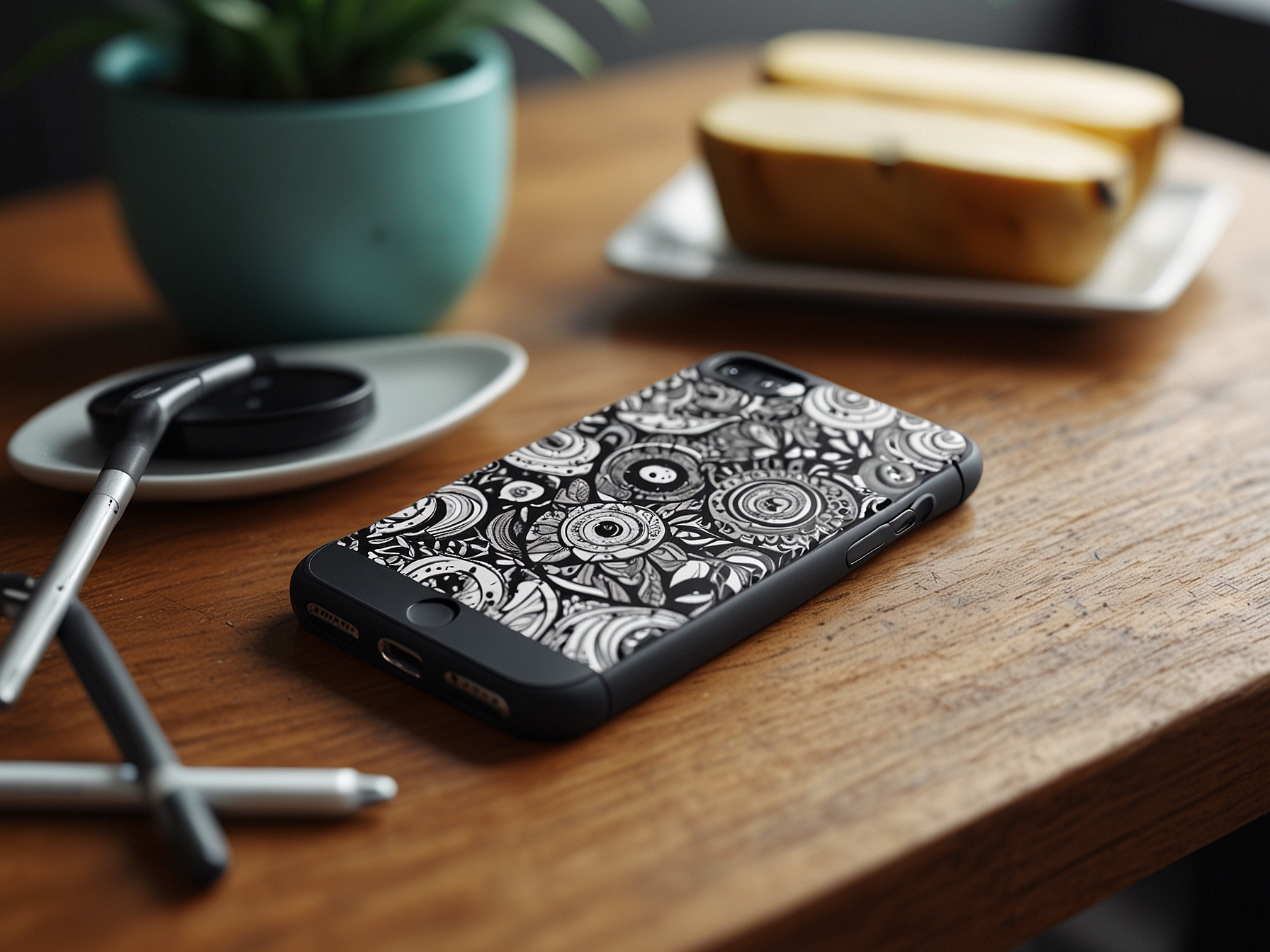 A close-up of the unique iPhone case placed on a stylish coffee table, highlighting its bold design while surrounded by everyday objects, illustrating its potential to be a conversation starter.