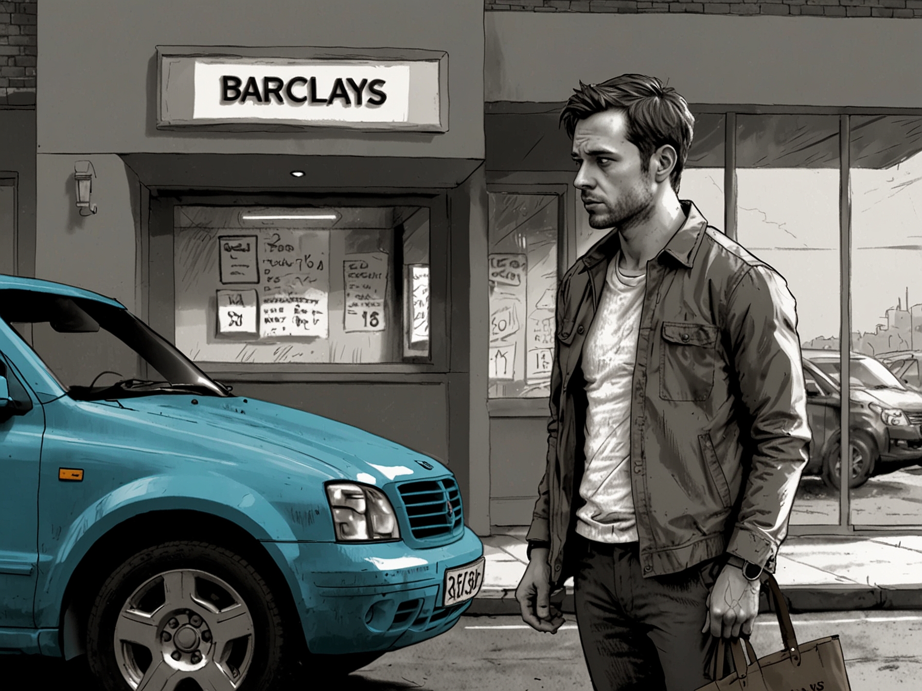 A frustrated customer stands beside his car, holding a bag of coins, looking puzzled at a Barclays bank with a sign indicating no coin deposits are accepted locally.