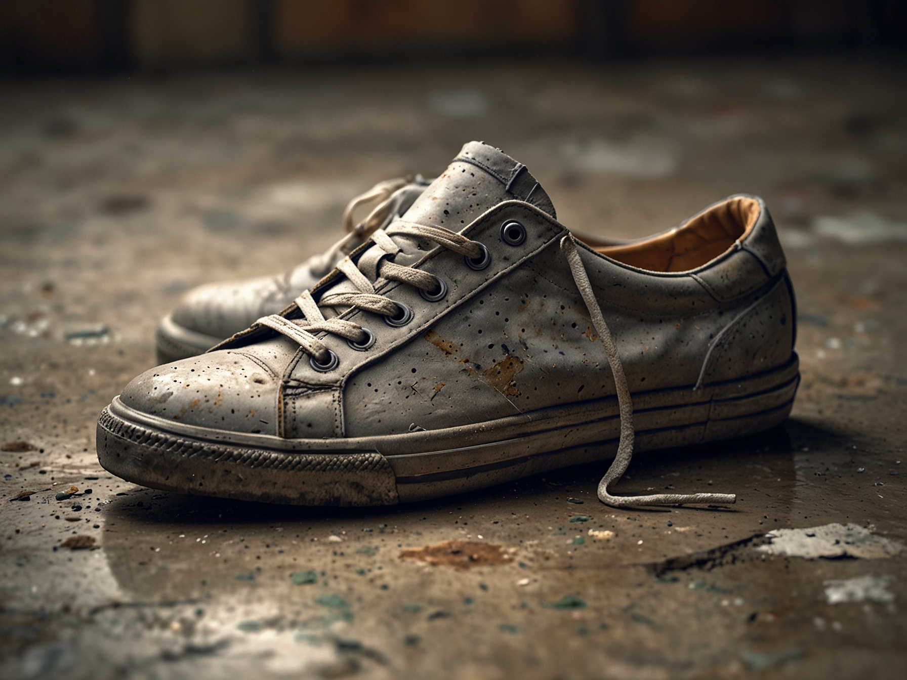 A close-up of worn trainers on a concrete floor, symbolizing the journey from confinement to freedom and the resilience found in small objects.