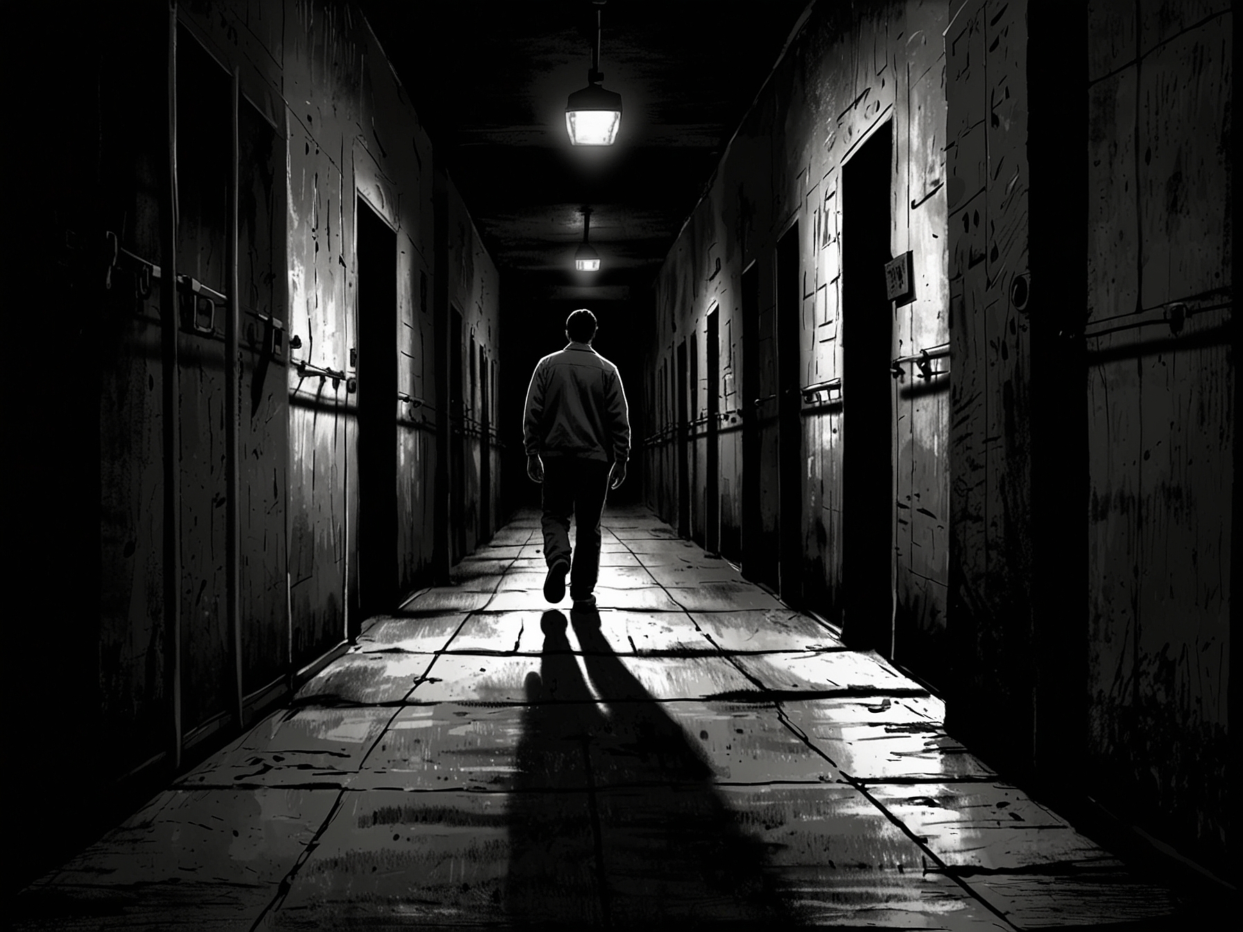 A solitary figure walking down a dimly lit prison corridor, wearing old trainers, representing the struggle for hope and the power of memories in dark times.