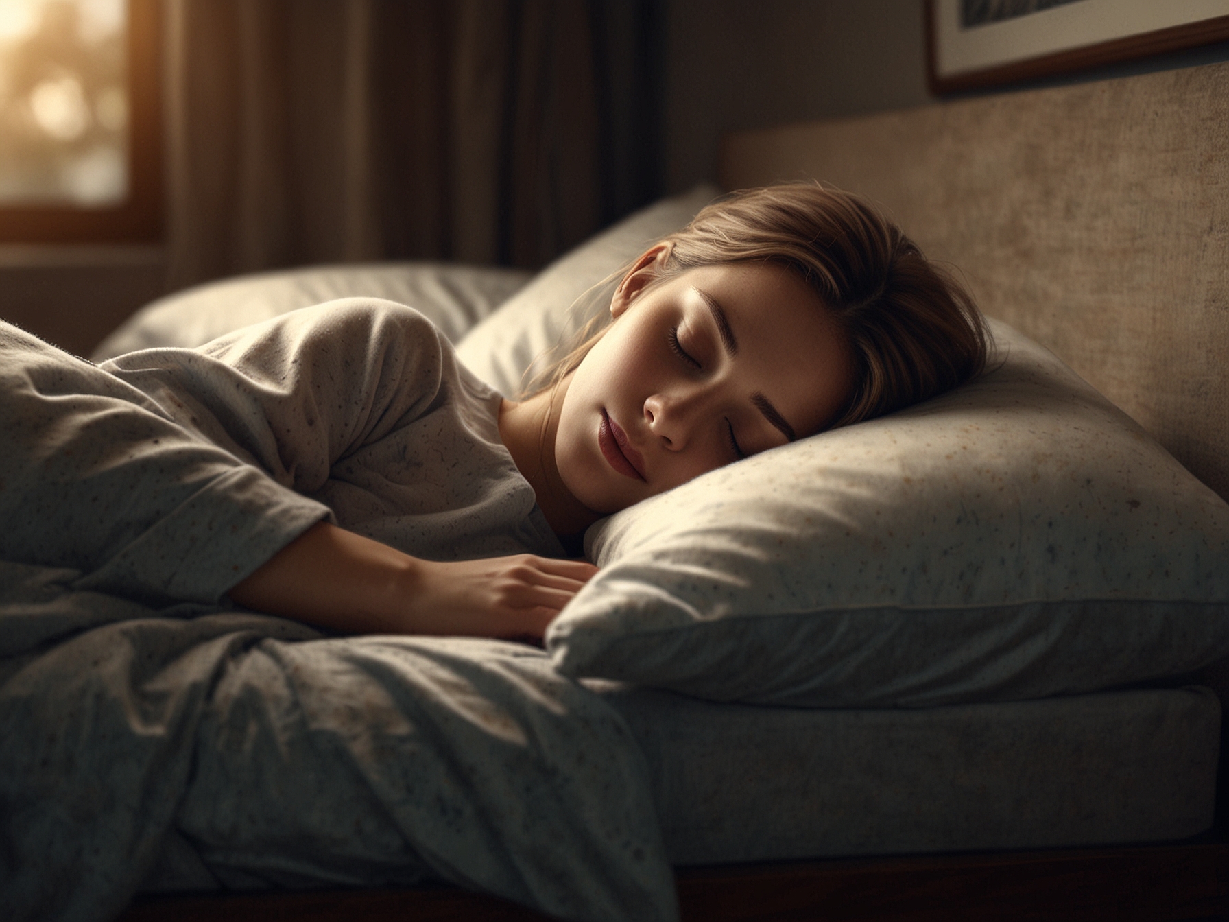 An individual comfortably sleeping on an elevated pillow, highlighting the importance of head elevation for easier breathing during sleep. Soft lighting adds warmth to the scene.